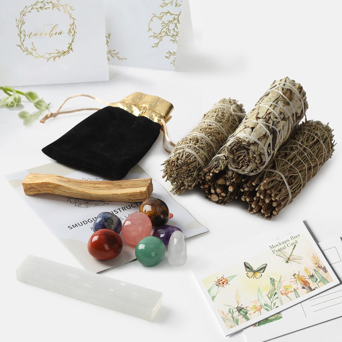 Sage Smudge Kit for Home Cleansing - Stress Relief Sage Kit, Smudge Sticks 4" Long, Smudging kit with Healing Crystals for Cleansing Negative Energy