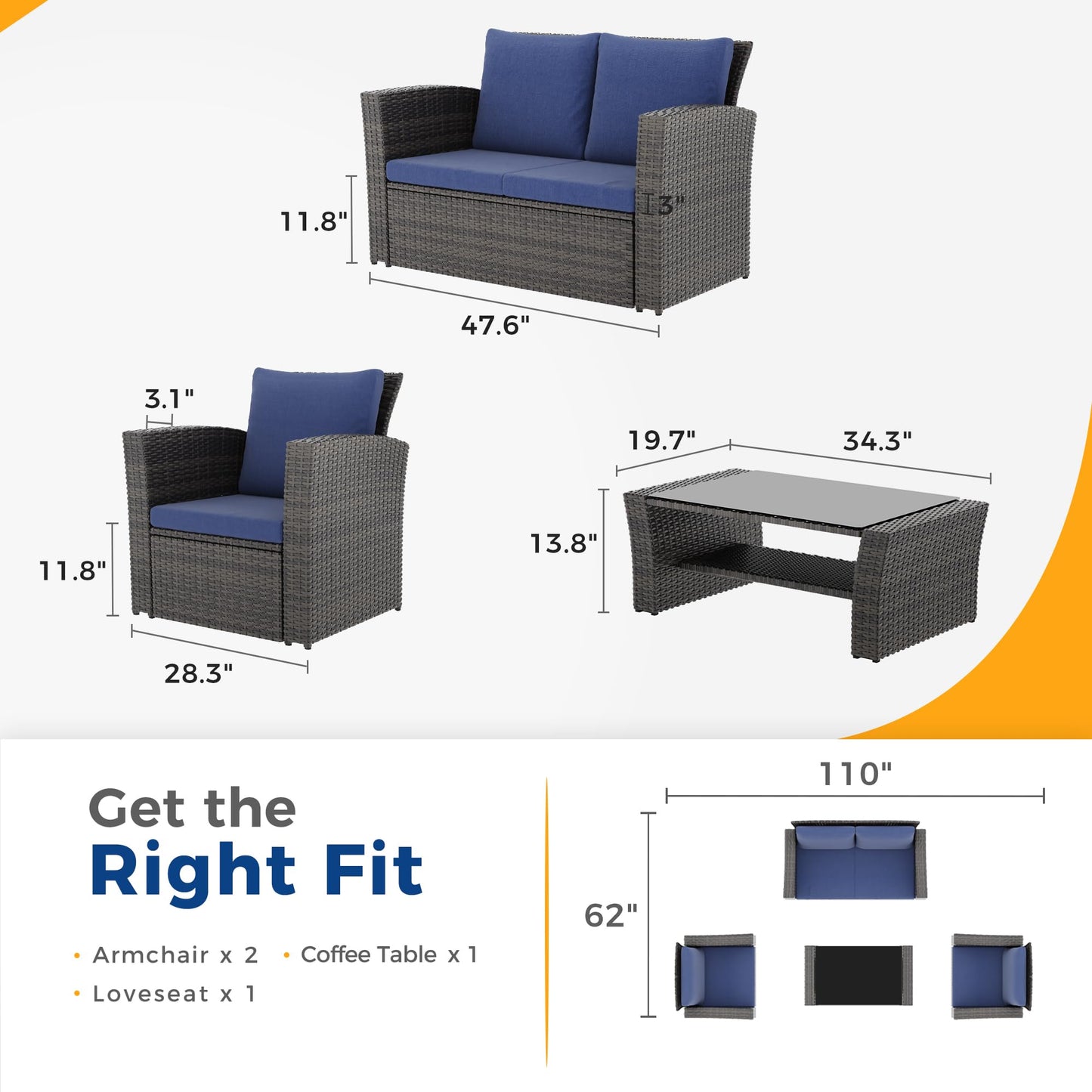 Wisteria Lane 4 Piece Outdoor Patio Furniture Sets, Wicker Conversation Set for Porch Deck, Grey Rattan Sofa Chair with Cushion （Blue
