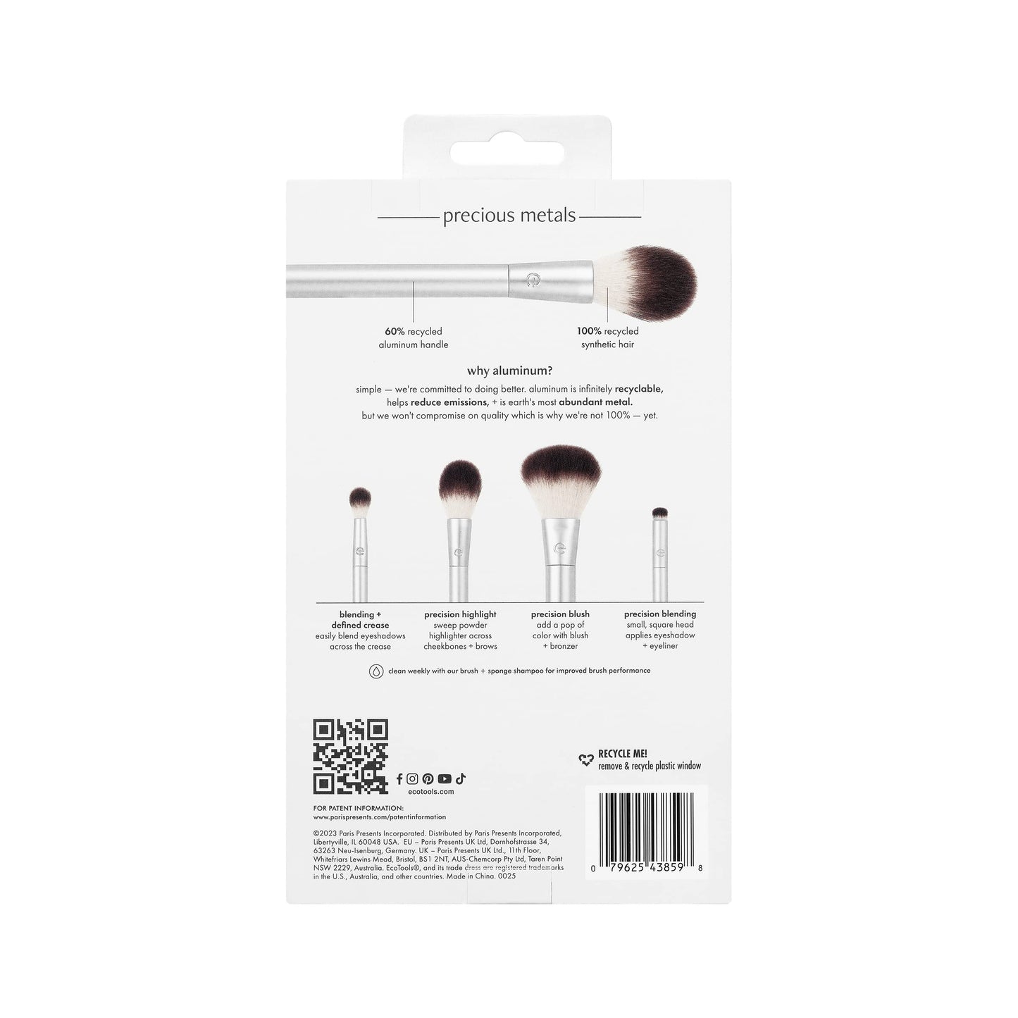 EcoTools Precious Metals Cheek & Eye Highlight Makeup Brush Kit, for Eyeshadow, Blush, & Powder Products, Eco Friendly, Cruelty Free Face Brushes, Recycled Aluminum, Chrome, 4 Piece Set
