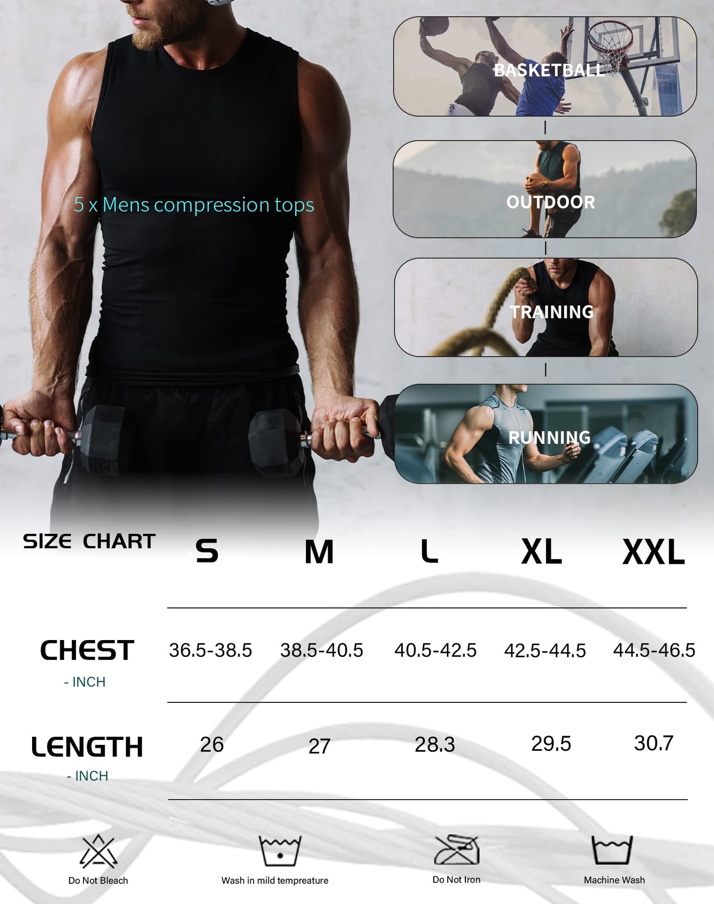 TELALEO 5 Pack Men's Athletic Compression Shirts Sleeveless Workout Tank Top Sports Base Layer Running Basketball White/Black XL/02