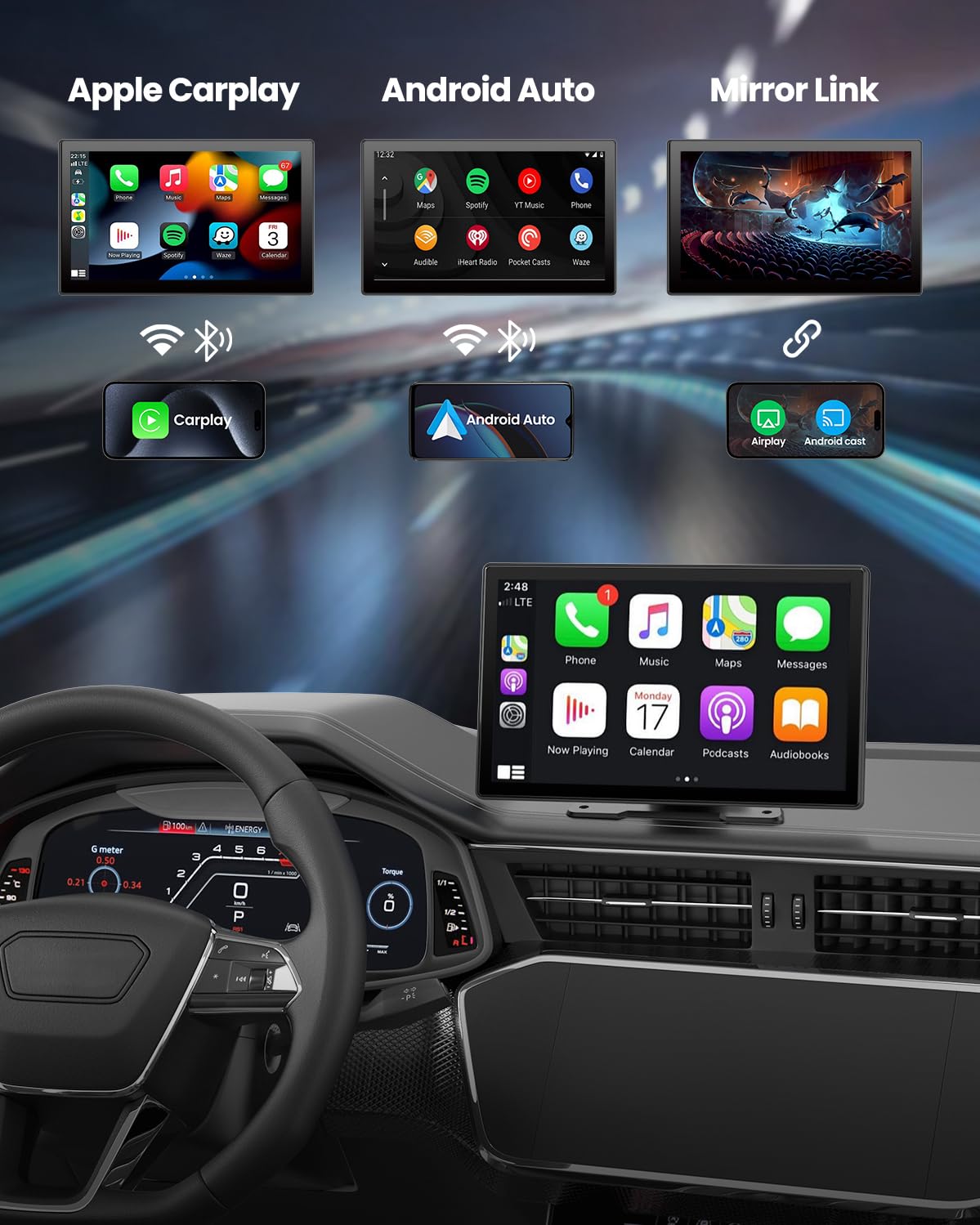 Wireless CarPlay Screen - 9'' Portable Car Stereo with 4K Dash Cam, 1080P Backup Camera, Satellite Radio, Apple CarPlay & Android Auto, GPS Navigation/AirPlay/Voice Control