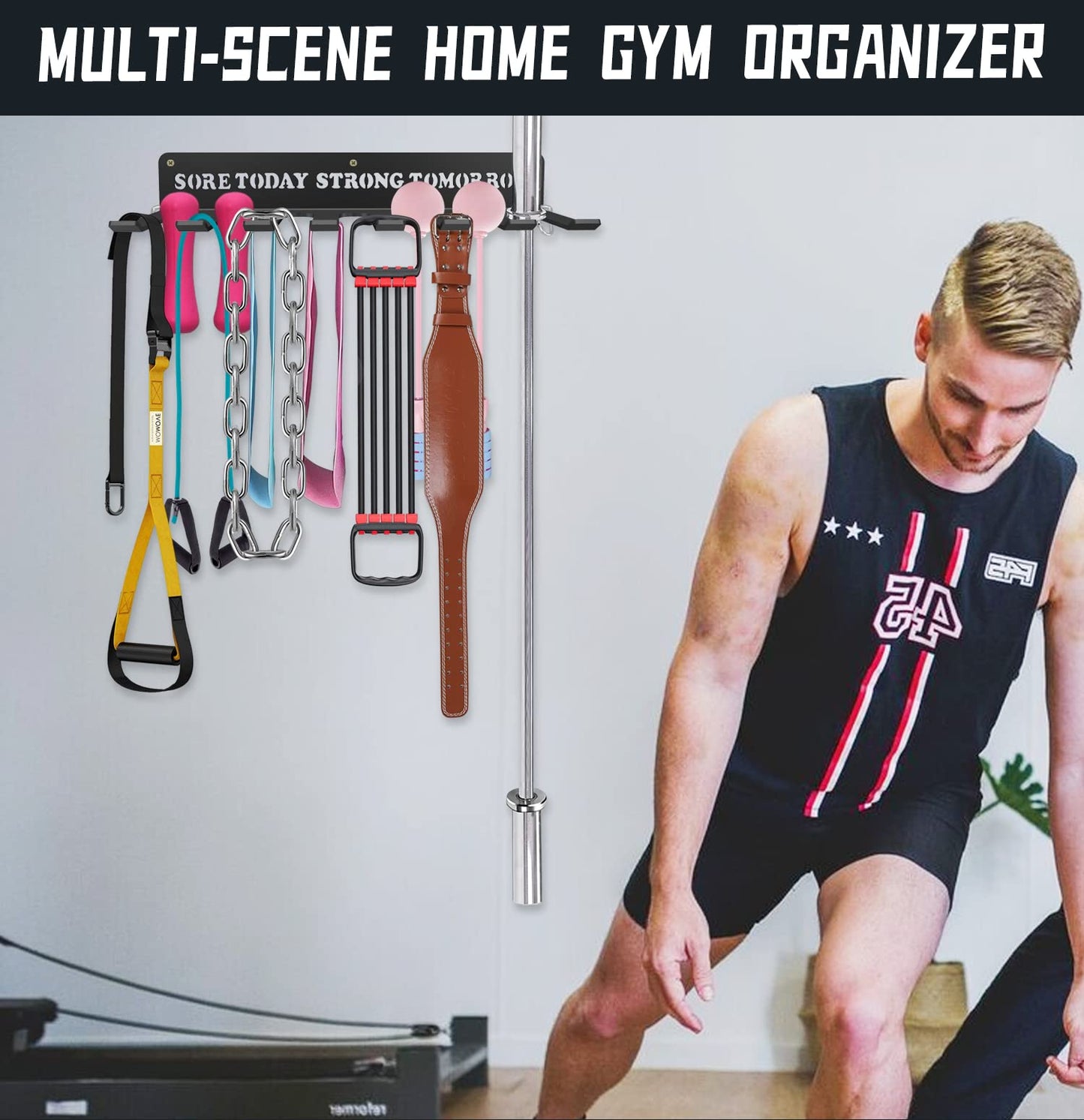Black Metal Heavy-gauge Workout Rack Wall Mount Organizer Multi-Purpose Workout Gear Storage for Sports Gears Barbells Lifting Belt Fitness Band Carabiners Included With Uplifting Words