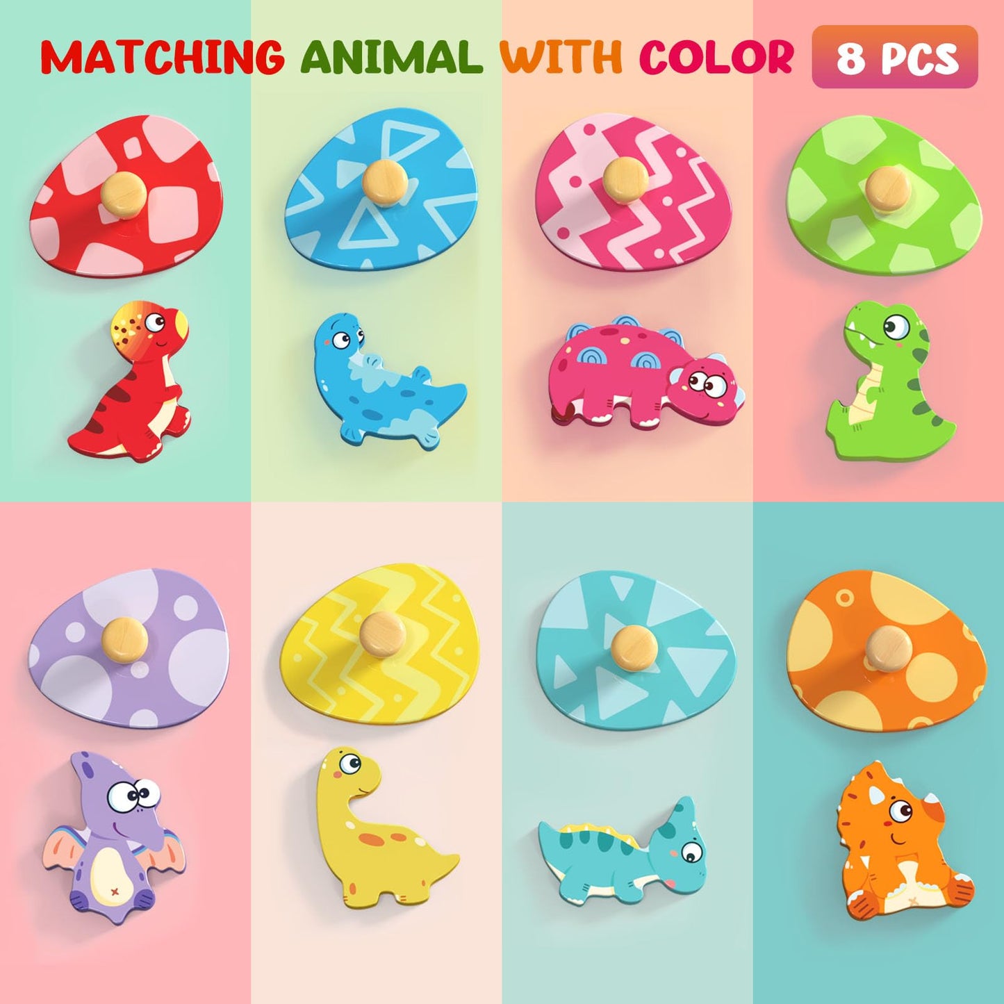 Zeoddler Wooden Puzzles for Toddlers, 8 Pcs Dinosaur Matching Egg Puzzle, Montessori Toys for Boy Girl Easter Birthday Gifts, Preschool Learning Activities & Educational Toys for Boys, Girls