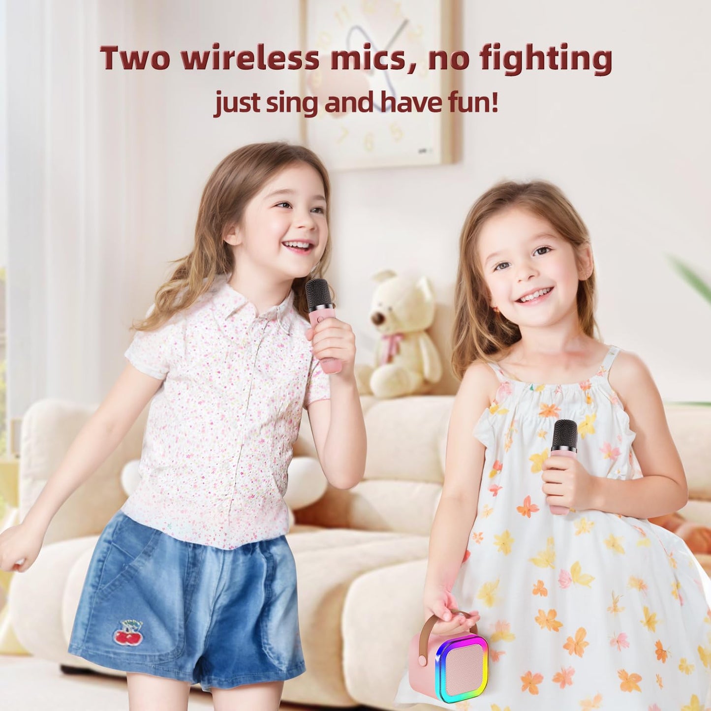 Kinglucky TOP Karaoke Machine for Kids (with Fun Voice Effects & LED Lights) Most Popular Birthday Easter Gifts for 3-12+ Years Old Girls Boys, Mini Karaoke Machine with 2 Wireless Microphones Pink