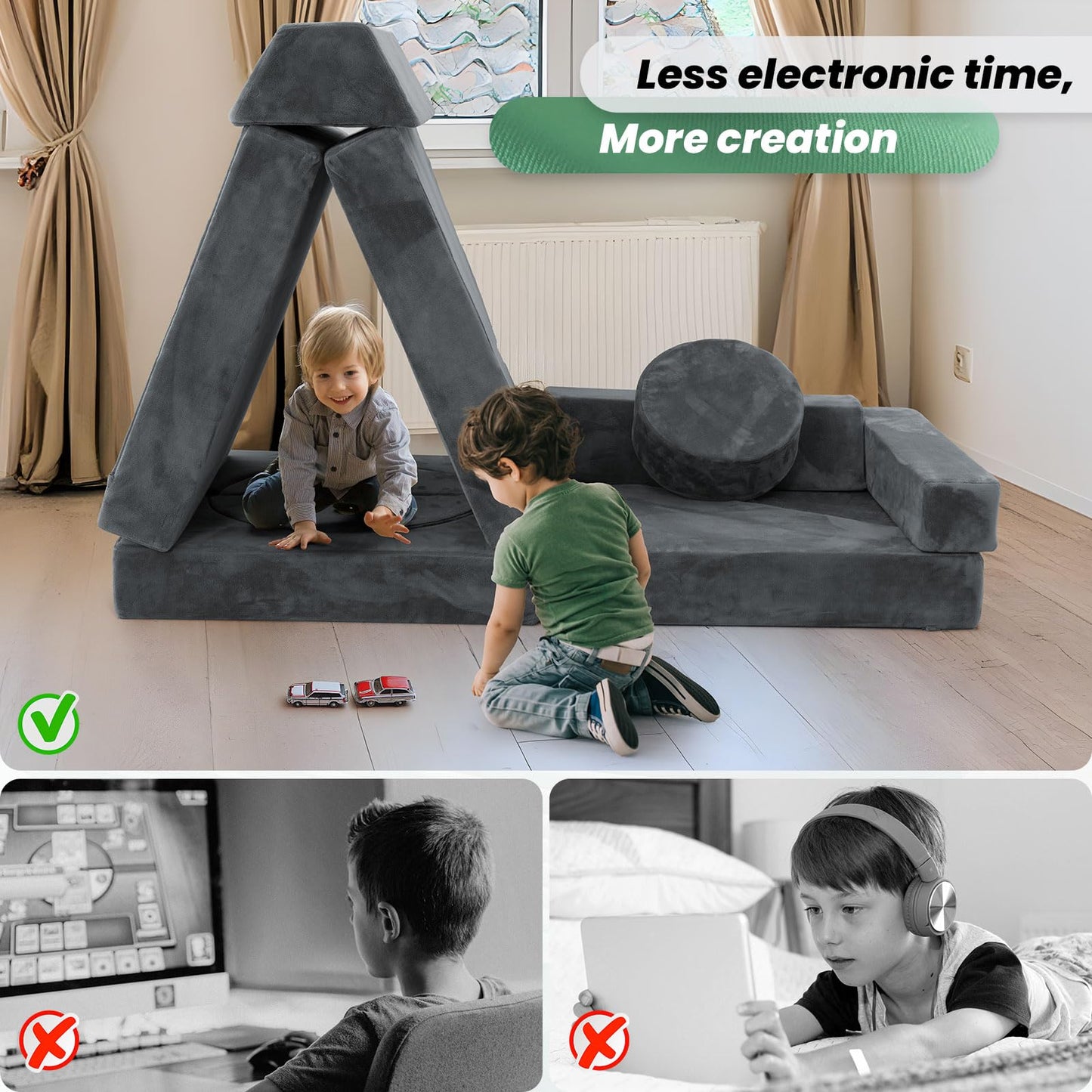 HOMFINE 16pcs Modular Kids Play Couch, Kids Toddler Couch, Child Sectional Sofa, Versatile Kid Couch for Playroom Bedroom, Convertible Foam and Floor Cushion for Boys and Girls, Dark Grey
