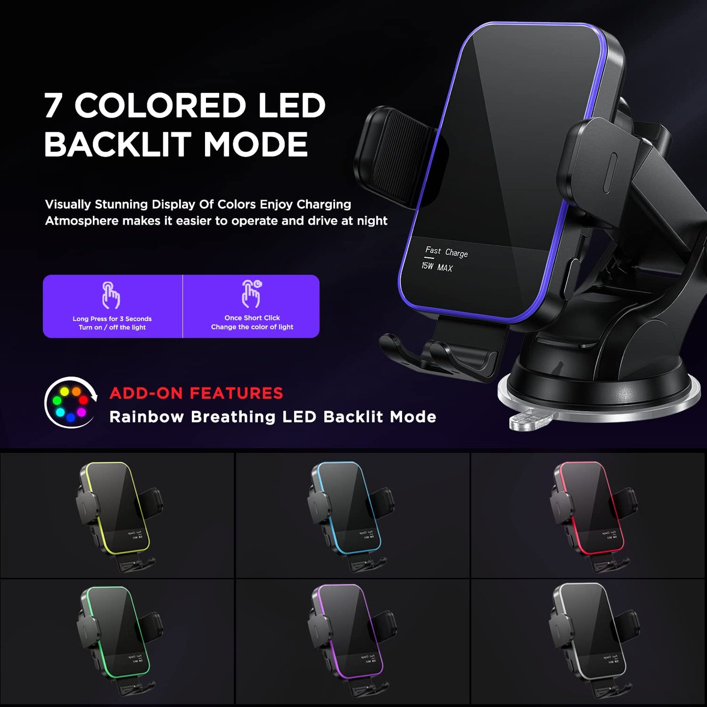 Wireless Car Charger,【7 Colored RGB Backlit】 Mosurr 15W Auto Clamping Phone Holders for Your car fit for iPhone 16 15 14 13 12 Mini Pro Max 11 XR XS, Samsung Galaxy S25 Ultra S24 S23 S22 S21+, etc