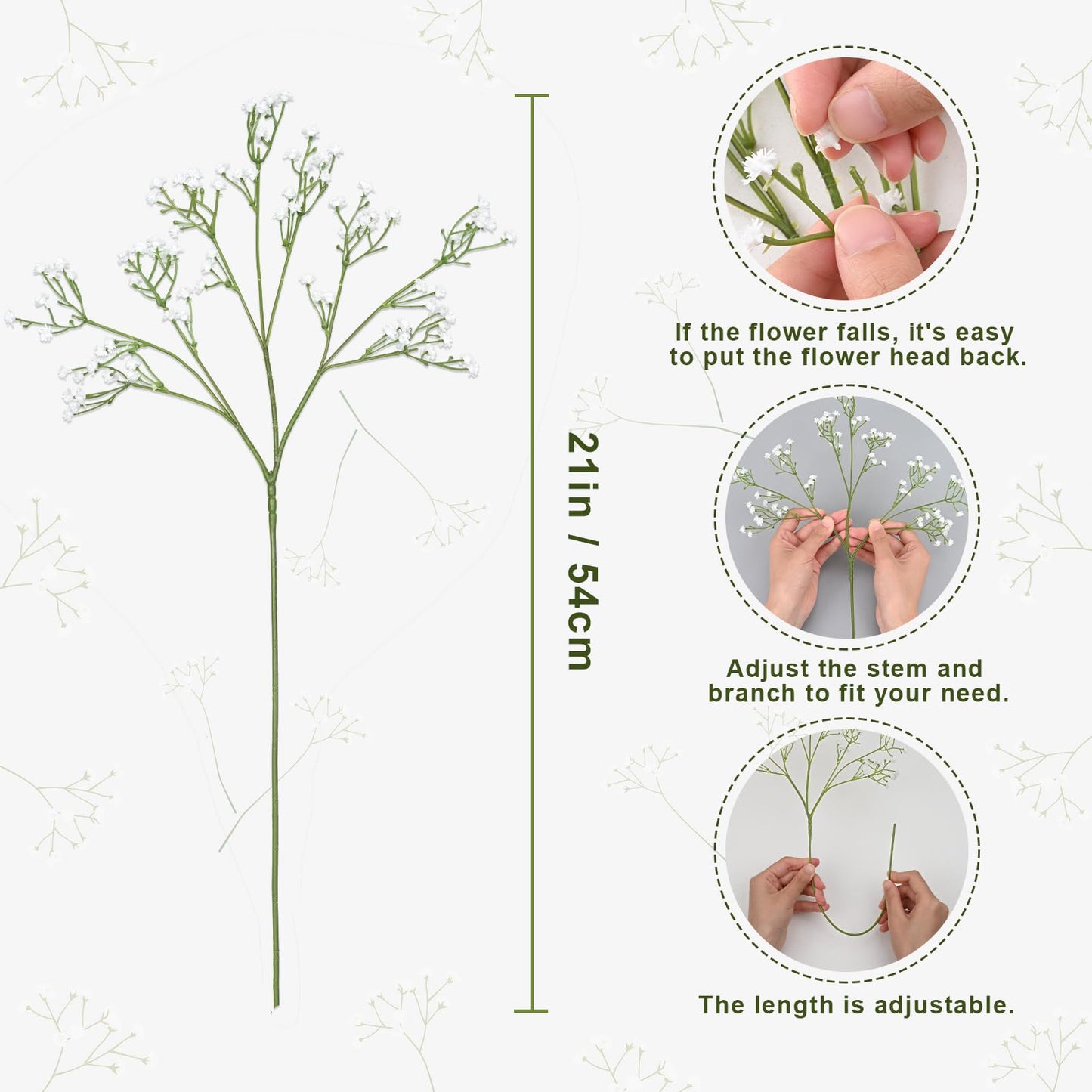 Dolicer 15 Pcs Babys Breath Artificial Flowers, White Long Stem Baby Breath Flowers Artificial Bulk, Real Touch Fake Babys Breath Gypsophila for Wedding Bridal Bouquet Party Arrangements Home Decor