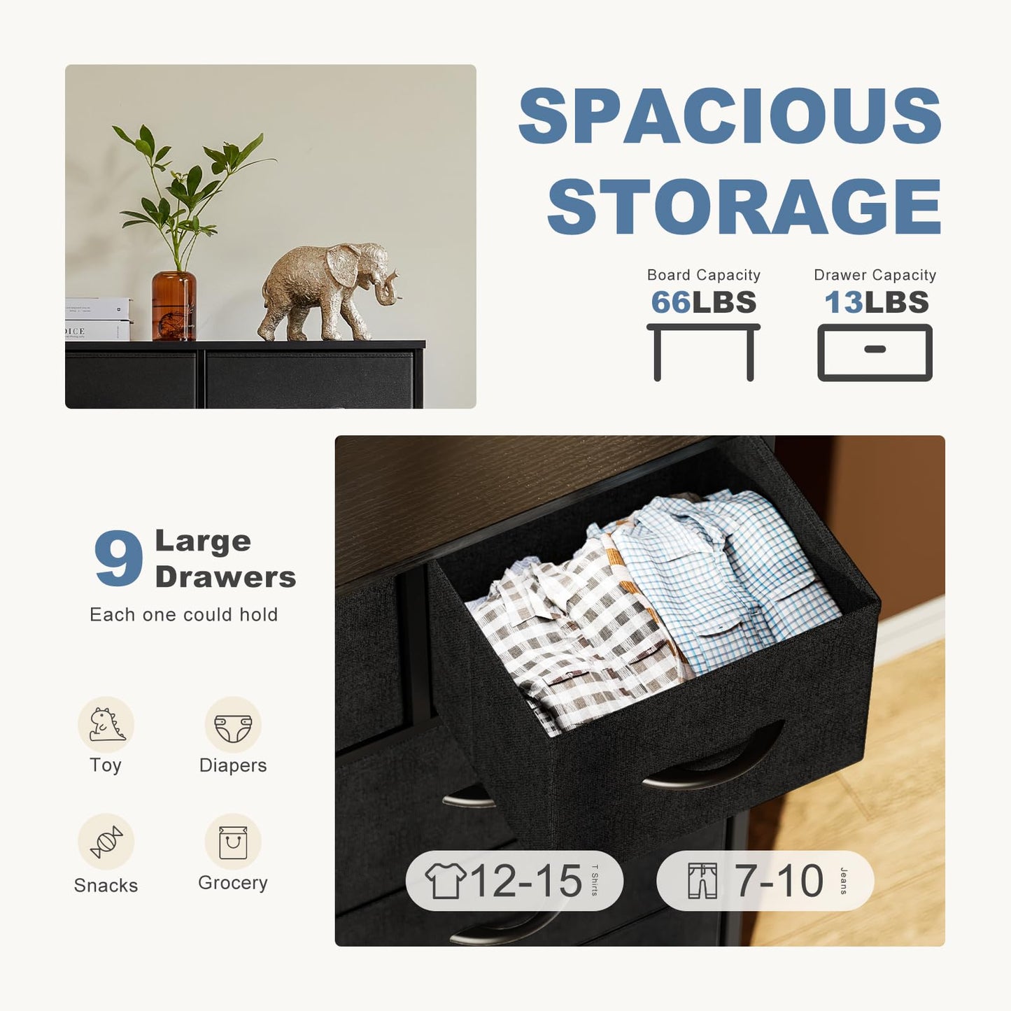 DUMOS Dresser for Bedroom, Storage Organizer with 9 Drawers, Chest of Drawers with Fabric Bins, Sturdy Metal Frame, Wood Tabletop for Guest Room, Closet, Entryway, Nursery