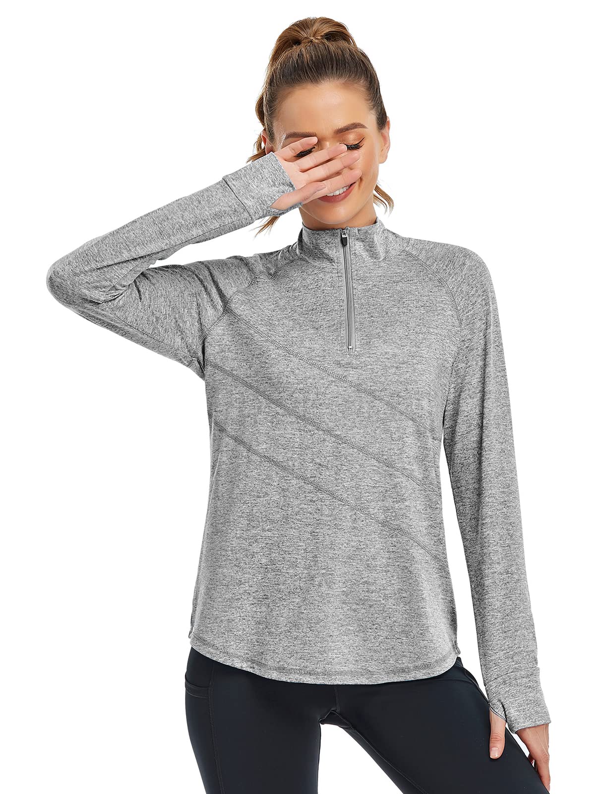 Women's Moisture Wicking Long Sleeve Zip Up O-Neck Thumbhole Gym Tops - Cucuchy Golf Yoga Fitness Apparel