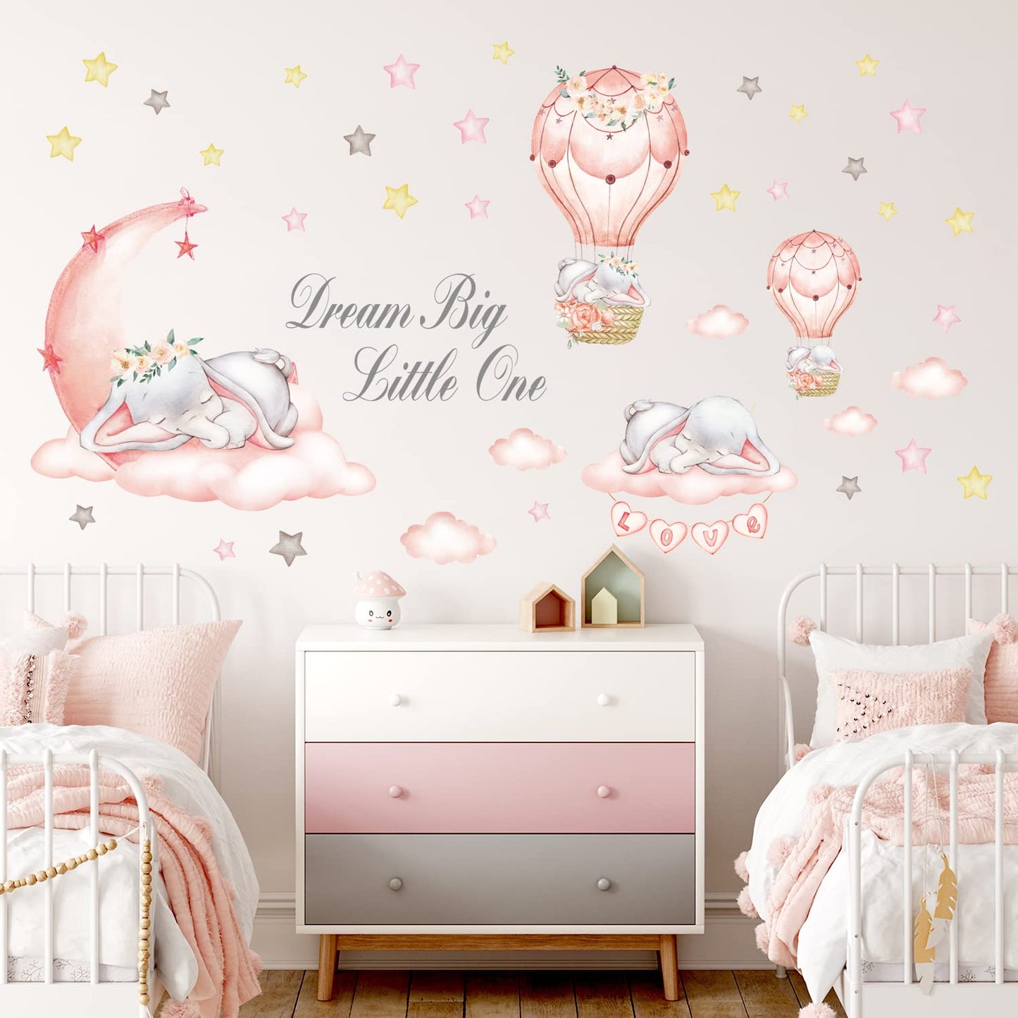 DECOWALL SG-2203 Dream Big Little One Wall Stickers Elephant Quote Moon Stars Decal for Kids Baby Bedroom Nursery Living Room Art Home Decor Decoration Removable Baby Girl Pink