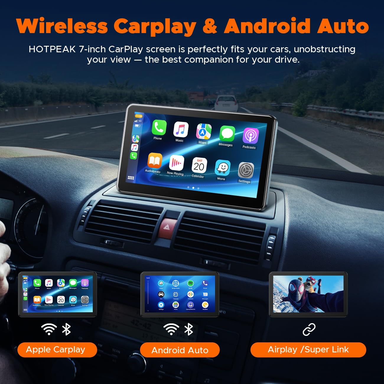 HOTPEAK 7-inch Portable Carplay Screen for Car Compatable with Apple CarPlay and Android Auto,Wireless Car Play Unit with GPS Navigation,Bluetooth,Mirror Link,Touch Screen for All Vehicles