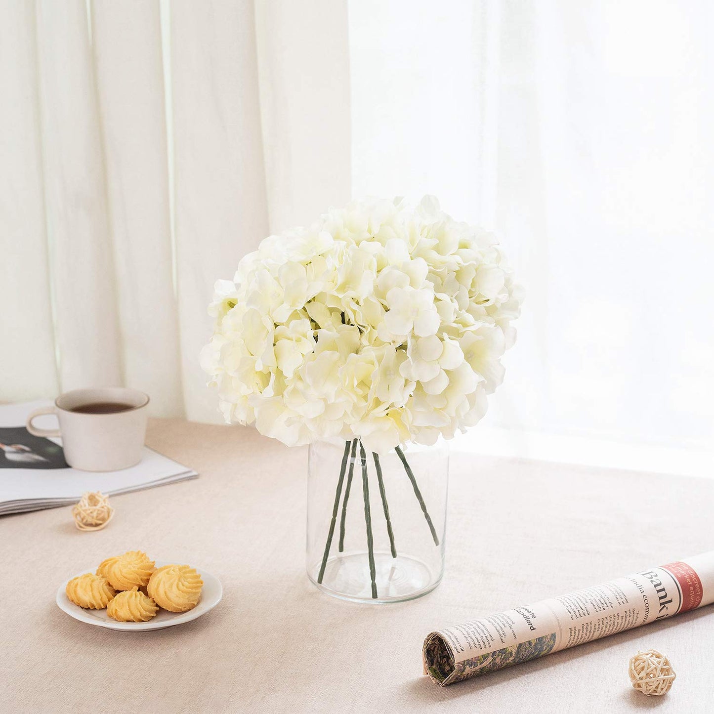 Exoment Silk Hydrangea Heads with Stems,Ivory White Artificial Flower Heads DIY Wedding Centerpiece Home Party Baby Shower Decor (10, Ivory White)