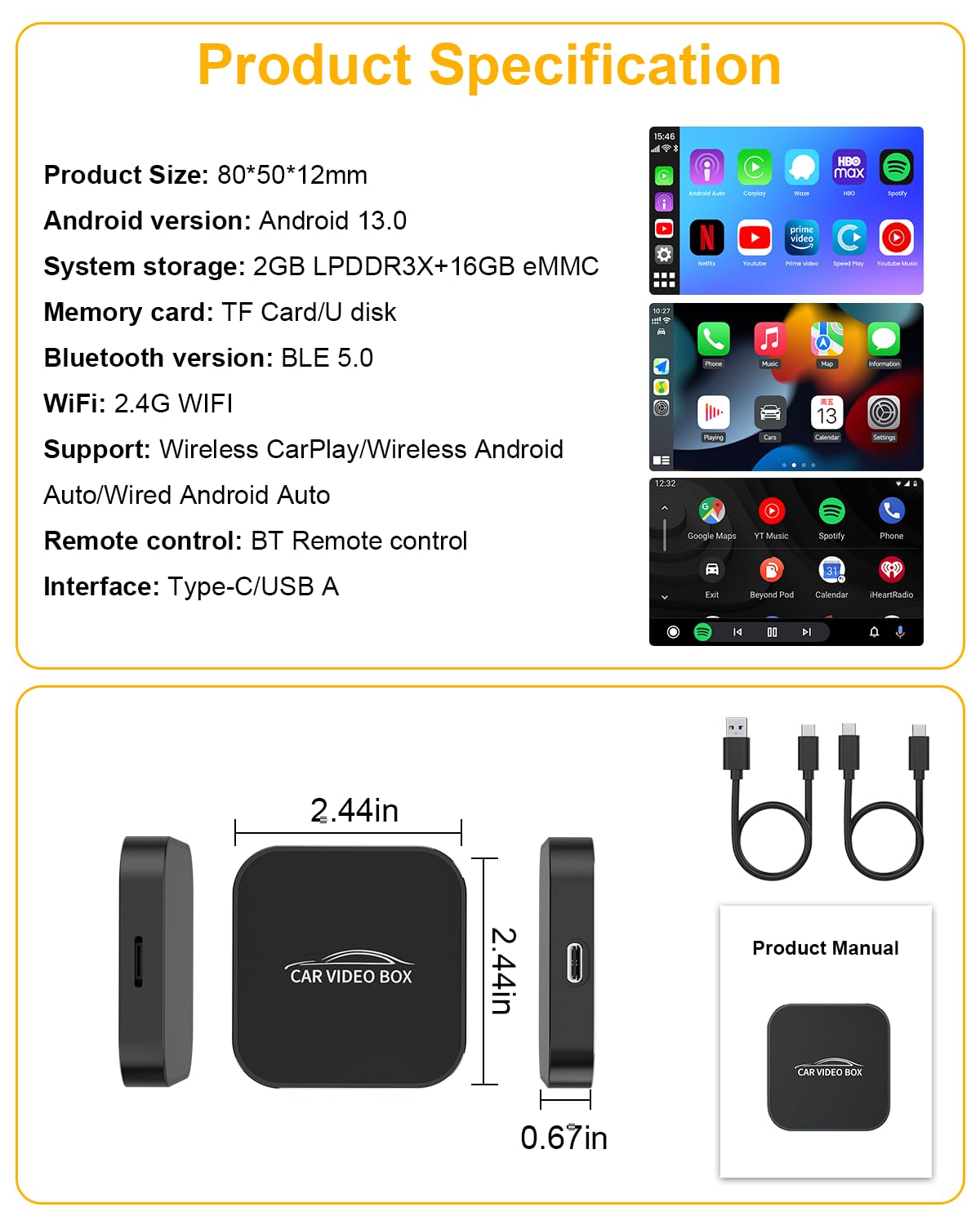 5 in 1 Wireless CarPlay Adapter with Netflix YouTube, 2025 New Carplay Wireless & Android Auto Adapter Converts Wired to Wireless Carplay Dongle Magic CarPlay Ai Box Streaming Video for iPhone/Android