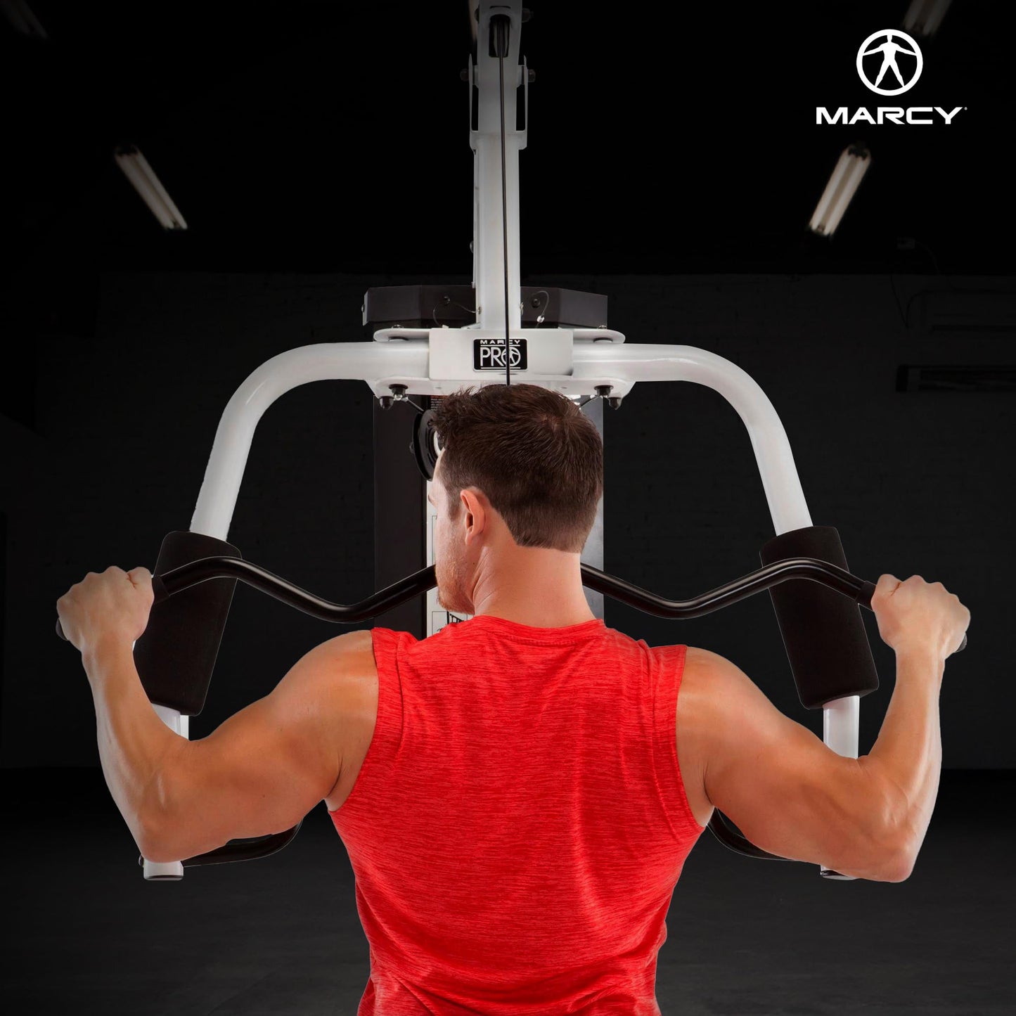 Marcy Home Gym Workout Station with Curl Pad, Lat Pulldown, Leg Developer & Weights, White