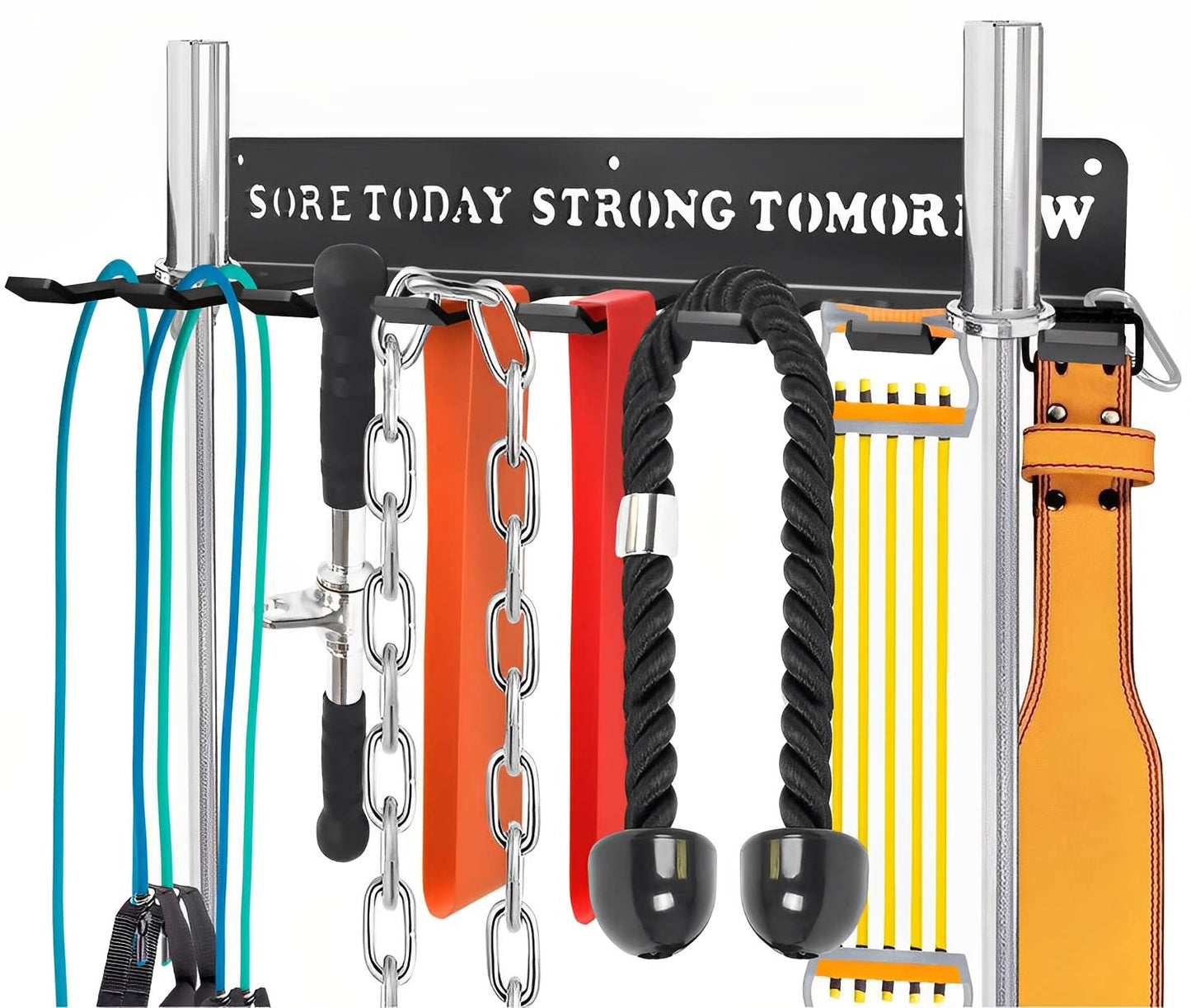 Black Metal Heavy-gauge Workout Rack Wall Mount Organizer Multi-Purpose Workout Gear Storage for Sports Gears Barbells Lifting Belt Fitness Band Carabiners Included With Uplifting Words
