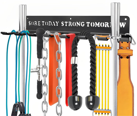 Black Metal Heavy-gauge Workout Rack Wall Mount Organizer Multi-Purpose Workout Gear Storage for Sports Gears Barbells Lifting Belt Fitness Band Carabiners Included With Uplifting Words