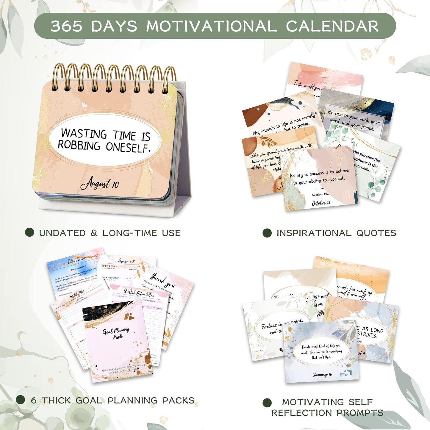 Motivational Calendar - Daily Flip Calendar with Inspirational Quotes, 4.8"x5.5" Undated Standing Flip Calendar for Desk Accessories, Perpetual Calendar, Inspirational Gifts for Women, Positive Daily