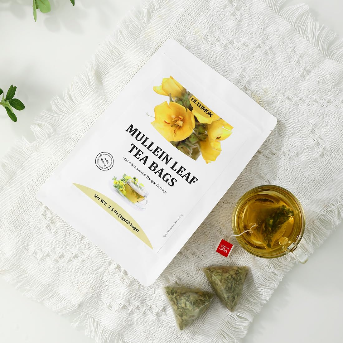 Premium 50 Mullein Leaf Tea Bags. Made with 100% Pure Mullein Leaves, for Lungs Cleanse and Respiratory Support, No Flavoring & No Additives & Caffeine Free.