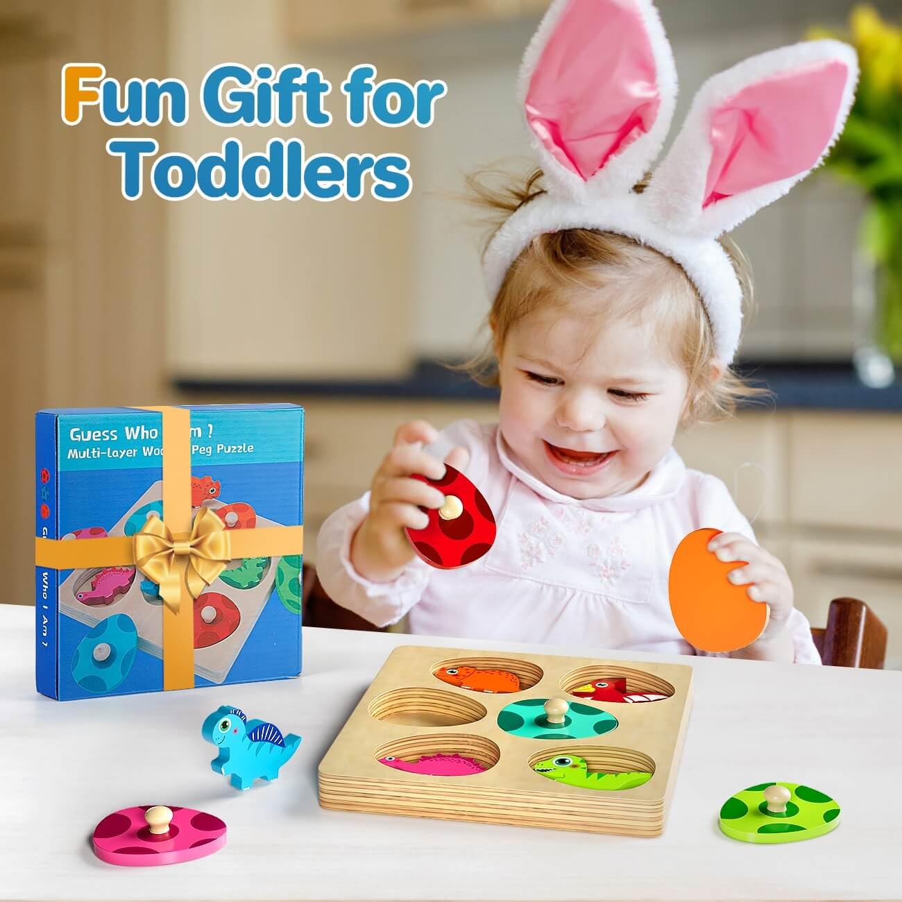 EDUJOY Wooden Puzzles for Toddlers 1-3, Montessori Toys for 1 2 Year Old Boy Girl Birthday Easter Gifts, Dinosaur Match Eggs Peg Puzzles, Preschool Learning Toys for Toddlers Age 1-2