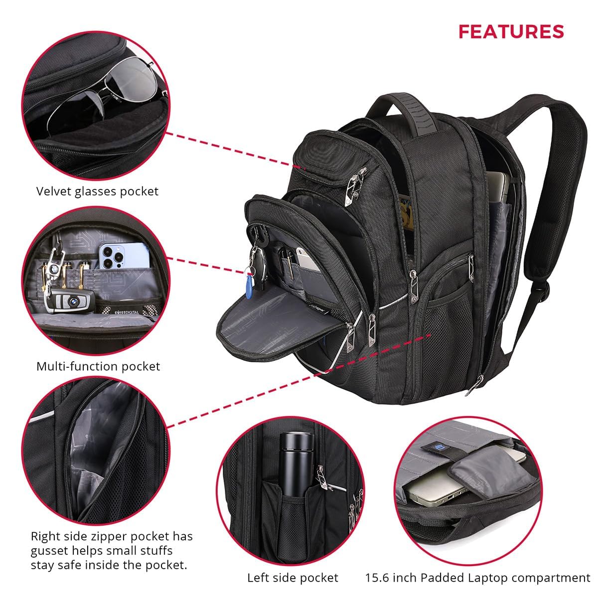 Swissdigital Design TSA Business Laptop Backpack For Men,Travel Backpack With USB Charging Port,College Tech Backpacks With RFID Pockets Presents For Men Fits 15.6 Inch Computer (TERABYTE J16BT-1)