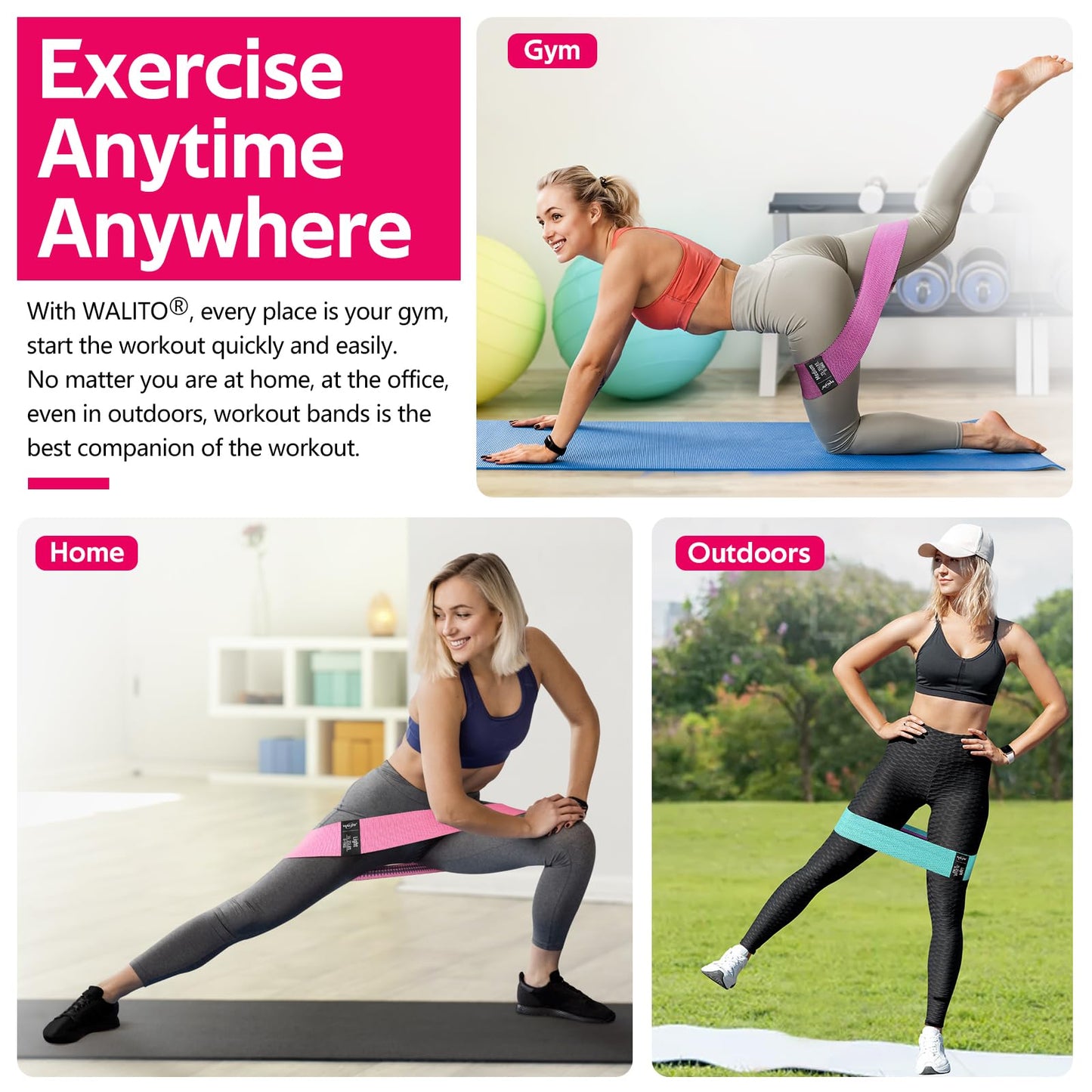 WALITO Resistance Bands for Legs and Butt, Fabric Exercise Loop Bands Yoga, Pilates, Rehab, Fitness and Home Workout, Strength Bands for Booty