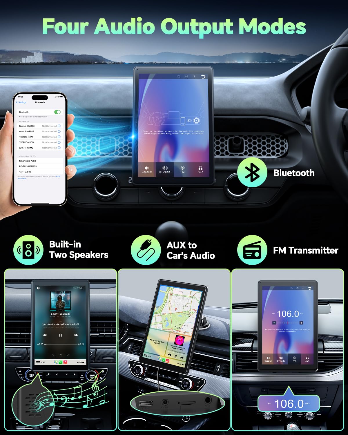 LAMTTO Wireless Apple Carplay Screen for Car Android Auto Magnetic Holder, OTA, Portrait & Landscape Screen, GPS Navigation, Portable Car Audio Receivers Mirror Link, Bluetooth, Voice Control