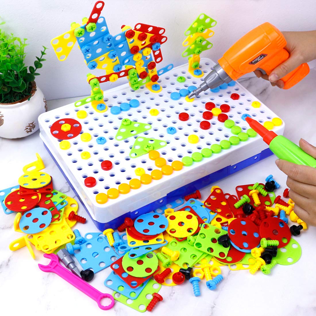 HAPTIME STEM Toys for 3 4 5 6 Year Old,Design and Drill Toy for Kid,Construction Games with Toy Drill,Creative Engineering Building Toys,Magic Montessori Play Toolbox for Toddler Boys Girls Preschool