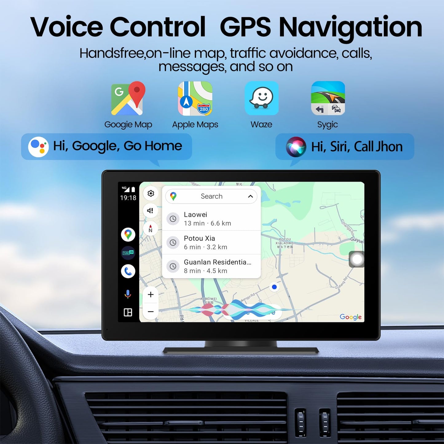 Portable Apple Carplay Screen for Car, 7" HD Car Stereo Touch Screen with Android Auto& Carplay, Rear Camera, Voice Control, Mirror Link, Bluetooth, Navigation, AUX - Fits All Vehicles