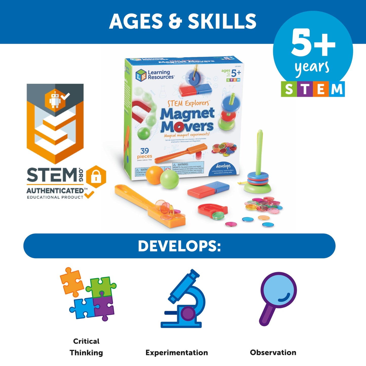 Learning Resources STEM Explorers -Ages 5+, Magnet Movers, Critical Thinking Skills, STEM Certified Toys, Magnets Kids,Magnet Set,Back to School Supplies,39 Pieces