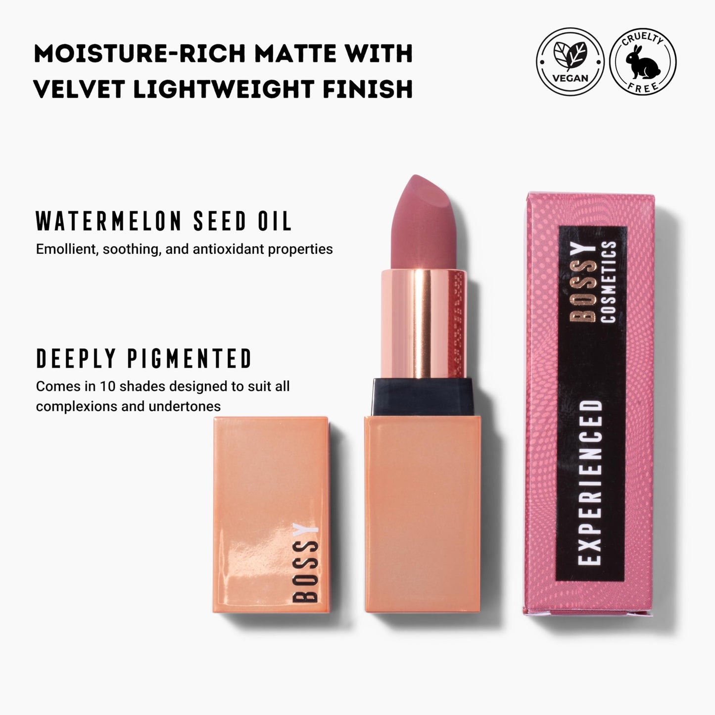 Bossy Cosmetics Matte, Long Lasting, Hydrating Vegan Lipstick with Vitamin E and Watermelon Seed Oil (Experienced- Light Pink/Purple Color)