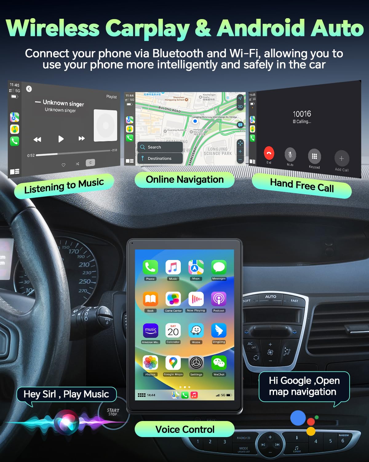 LAMTTO Wireless Apple Carplay Screen for Car Android Auto Magnetic Holder, OTA, Portrait & Landscape Screen, GPS Navigation, Portable Car Audio Receivers Mirror Link, Bluetooth, Voice Control