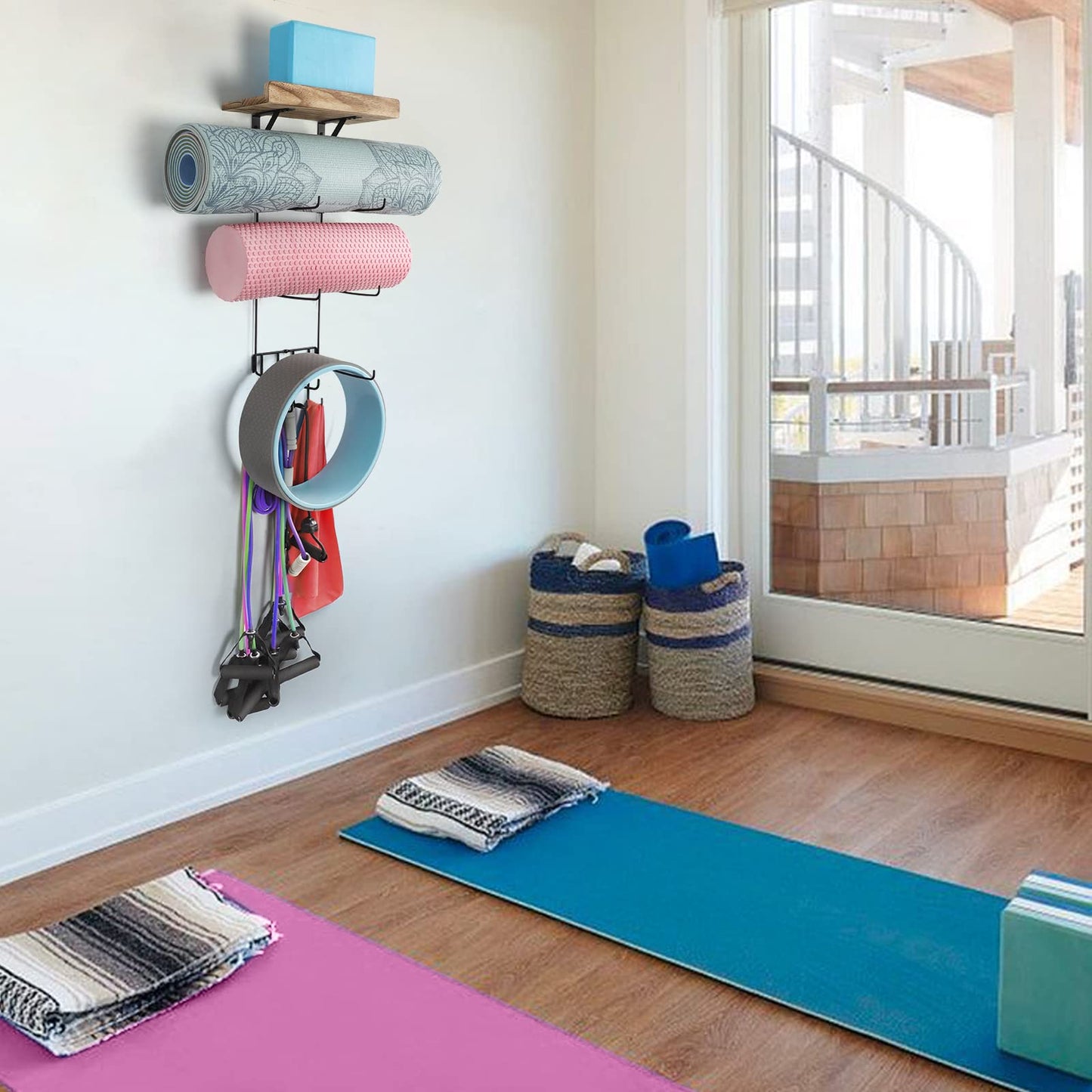 VINAEMO Yoga Mat Holder Accessories Wall Mount Organizer Storage Decor Foam Roller and Towel Storage Rack with 4 Hooks and Wooden Shelves Yoga Mats Rack Resistance Bands for Home Gym School Office