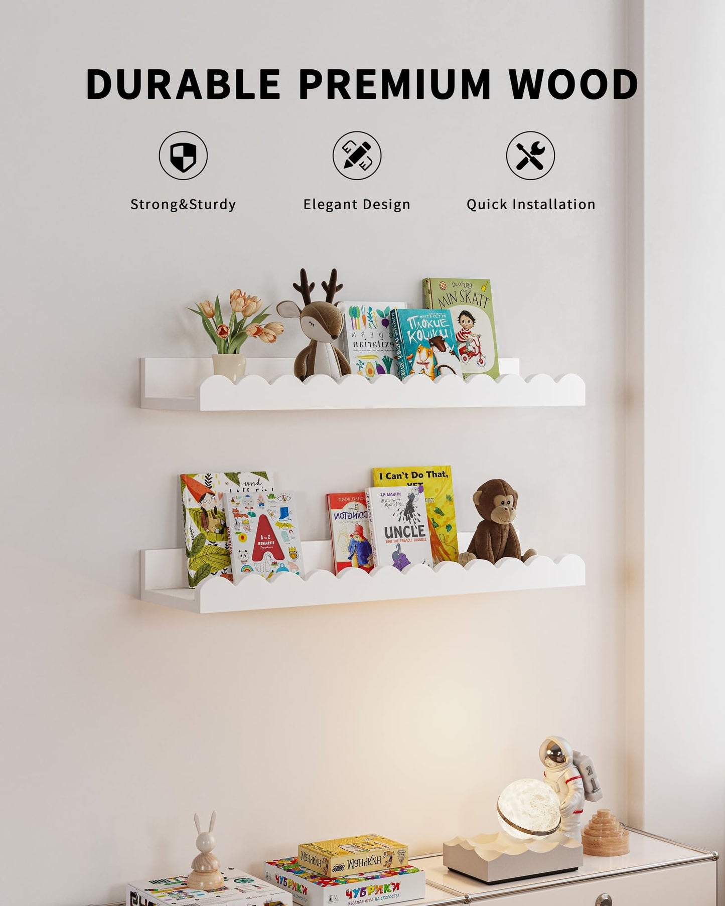 Nursery Book Shelves, 4-Pack White Floating Shelves for Wall Kids, Scalloped Shelves, Wall Book Shelves for Bedroom Kids, Toddler Room, Baby Room, Nursery Decor