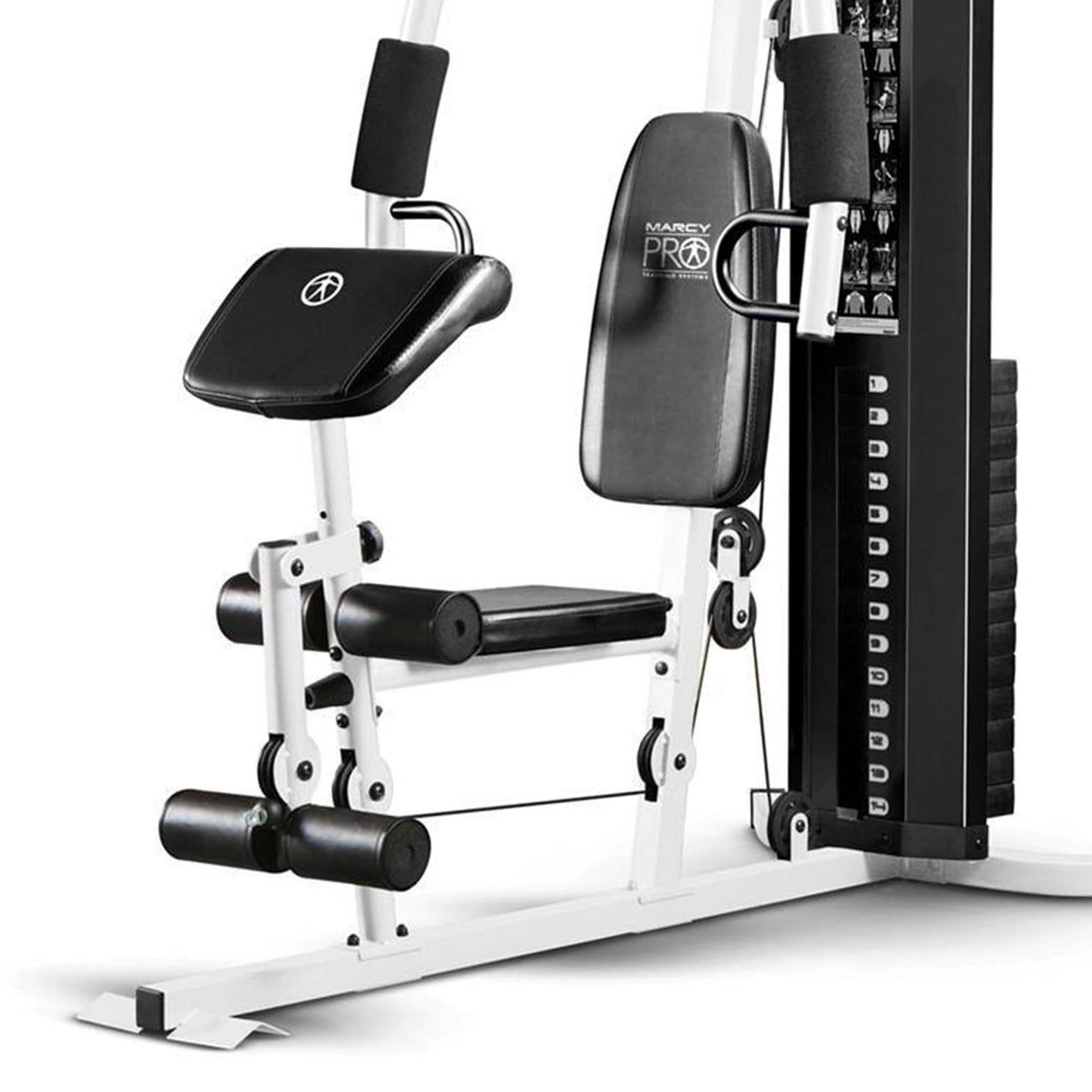 Marcy Home Gym Workout Station with Curl Pad, Lat Pulldown, Leg Developer & Weights, White