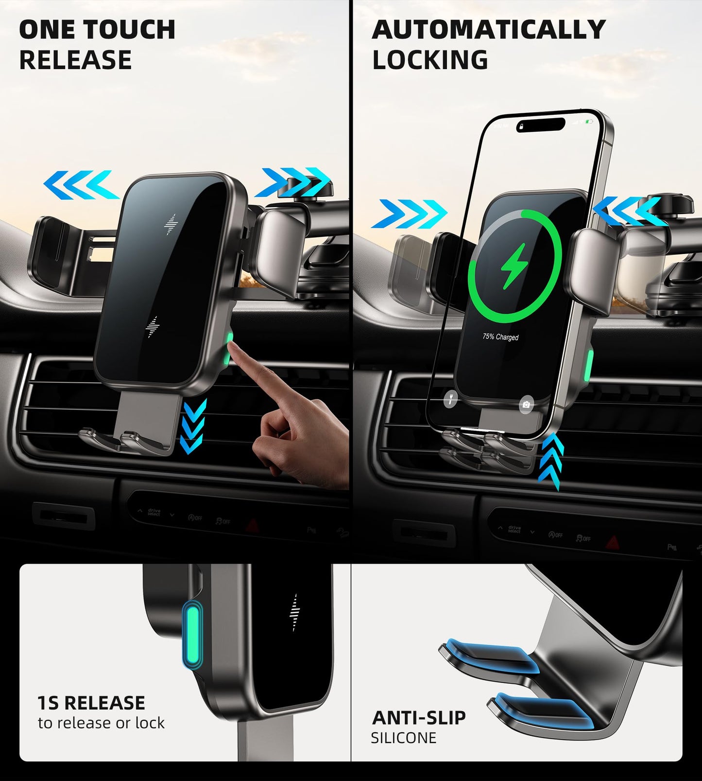 GuMosh Dual Coil 15W Car Phone Holder (Not Easy to Disconnect) Wireless Car Charger -Auto Clamping- Charging Phone Holders for Your Car Dash Vent Windshield, for Flip S24/S23/S22/S21, iPhone Series