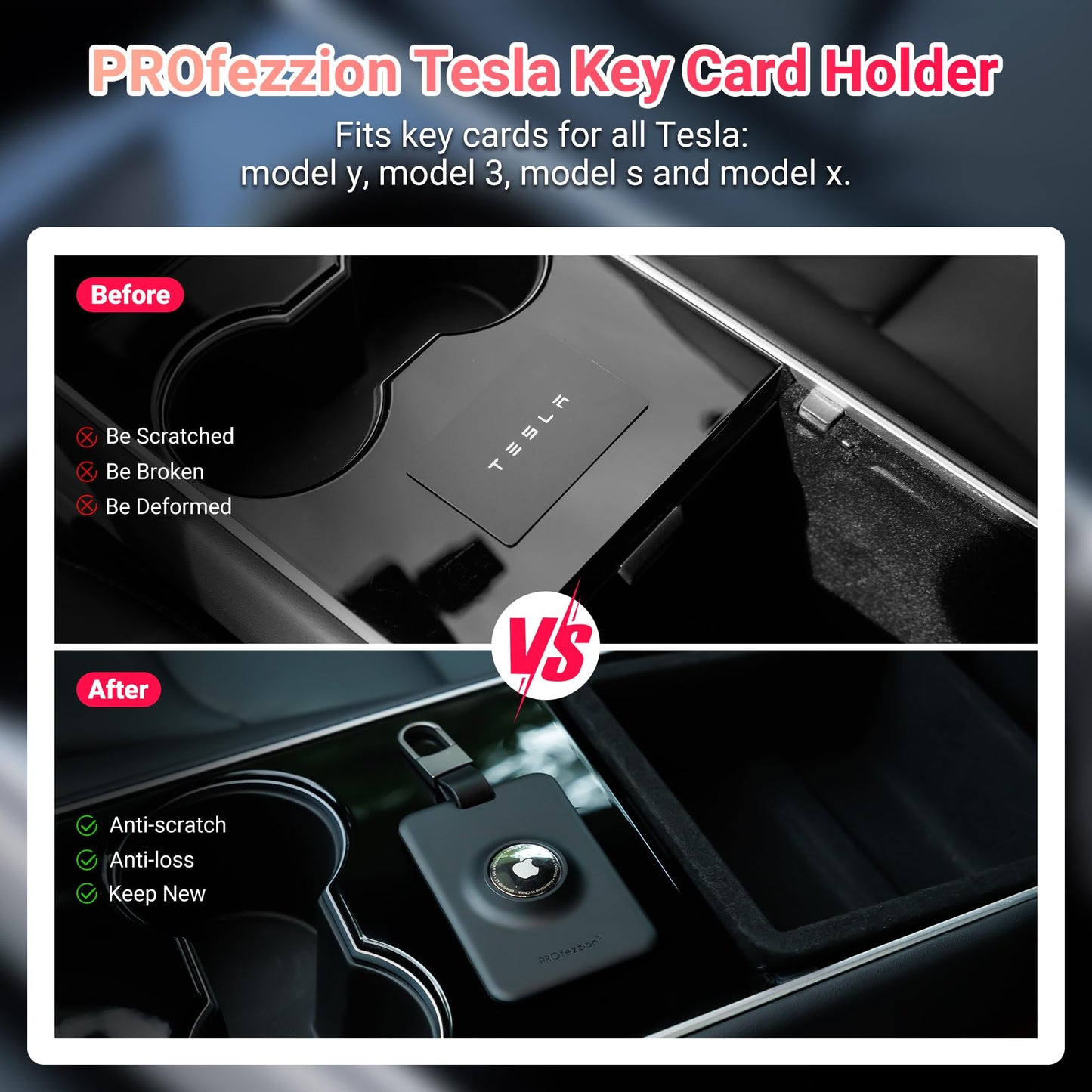 PROfezzion Tesla Key Card Holder with AirTag Slot, AirTag Tesla Card Plastic Card Key Holder for Model 3 Y S X Cybertruck with Keychain Key Rings, Key Card Protective Case Cover for Tesla - 1 Pack