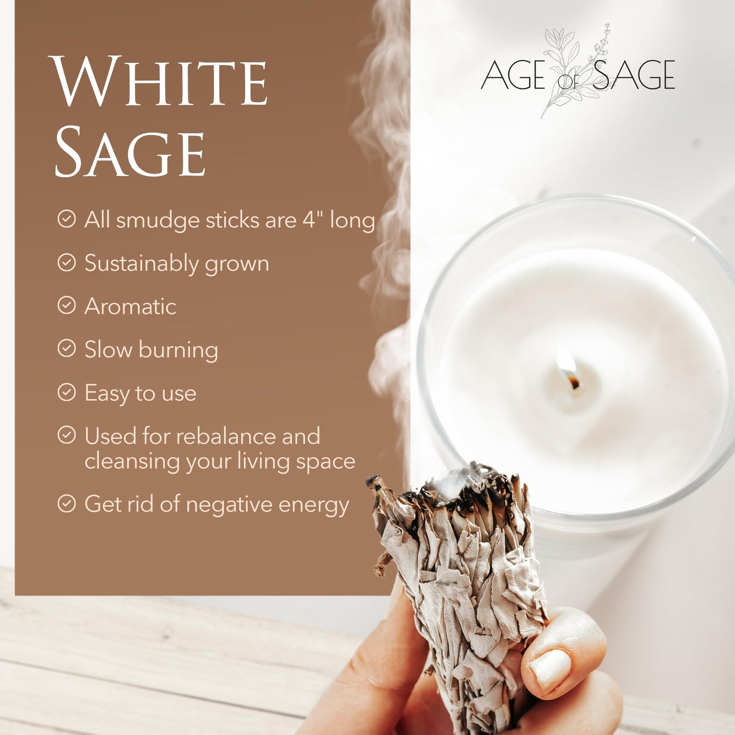 Age of Sage White Sage Smudge Sticks 4" Long - Burning Sage Bundle for Cleansing House, California White Sage Incense Sticks, White Spirit Sage Candles for Cleansing, Salvia Blanca para Limpiar - 3pk