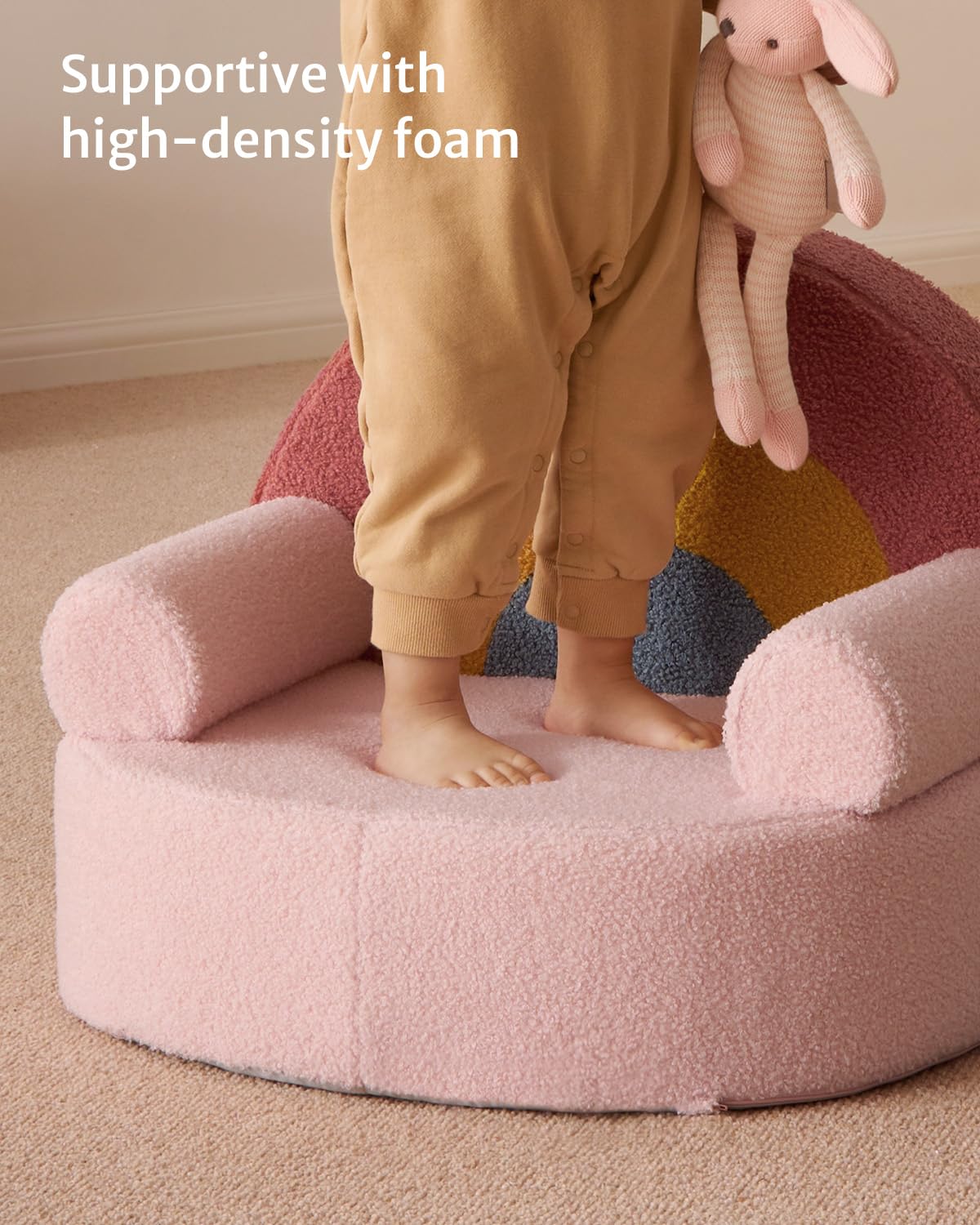Blissful Diary Toddler Chair Comfy, Foam Kids Chair with Soft Teddy Plush, Toddler Reading Armchair with Cute Rainbow Designs- Blush Pink
