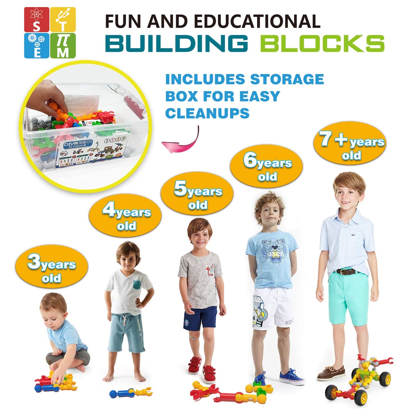 Huaker Stem Building Toys for 3 4 5 6 7 8 Year Old Boys Girls Kids,125 Pieces Building Blocks Educational Learning Toys with Large Storage Box,Ideal Christmas Birthday Gifts