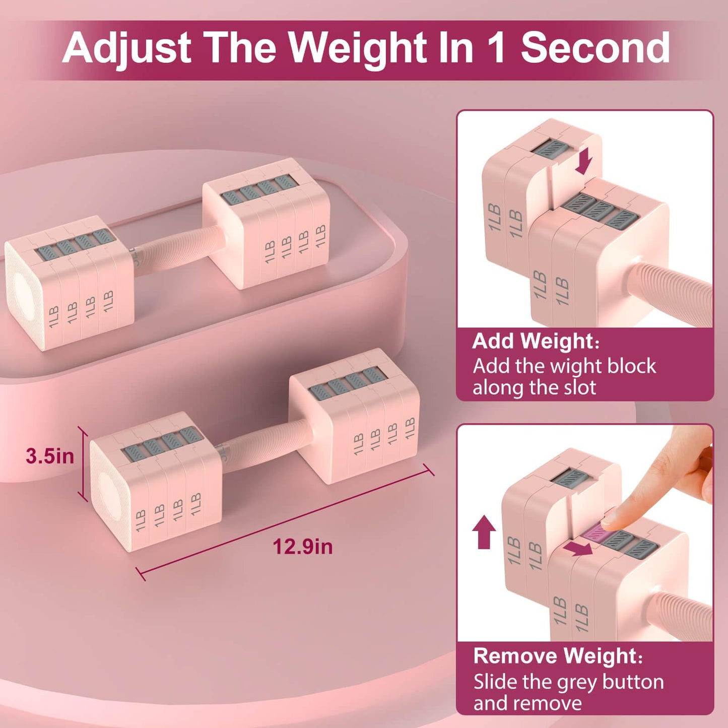 Hezeyferg Adjustable Dumbbells Set of 2, Hand Weights Sets with 5 Levels 3lb, 5lb, 7lb, 9lb, 11lb, Adjustable Weight Dumbbells for Women/Men Home Gym Full Body Workout (Pink)