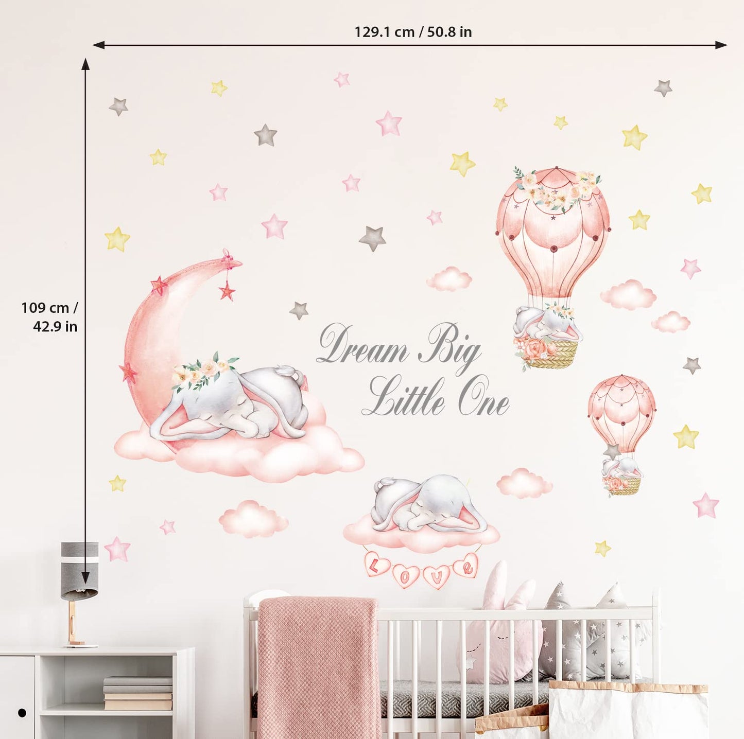 DECOWALL SG-2203 Dream Big Little One Wall Stickers Elephant Quote Moon Stars Decal for Kids Baby Bedroom Nursery Living Room Art Home Decor Decoration Removable Baby Girl Pink