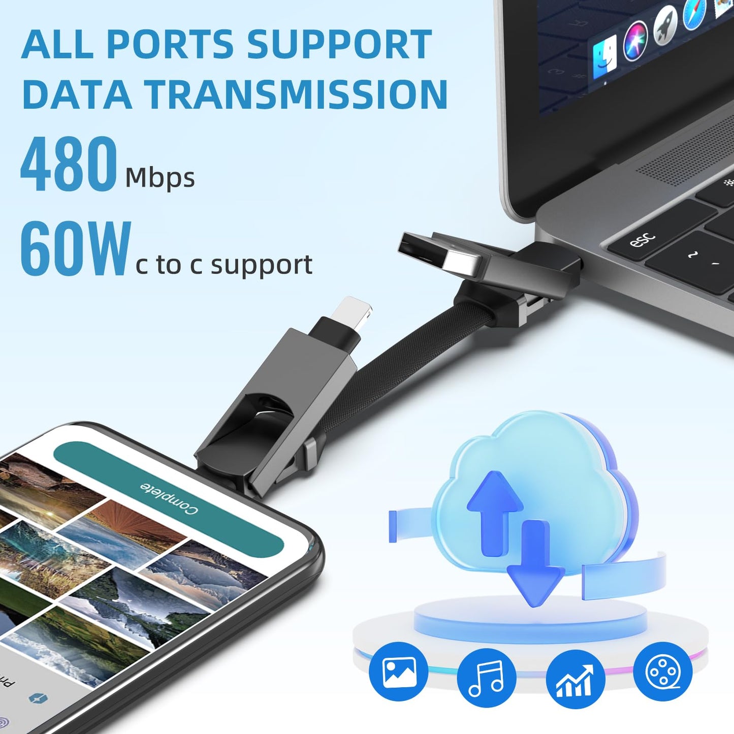 ZONLELE Travel Portable Magnetic Multi Charging Cable Short 4 in 1 USB Charger Data Cord 60W USB A/C to Type C/L Port Connectors Compatible with iPhone/iPad/MacBook/Galaxy, 6.3in
