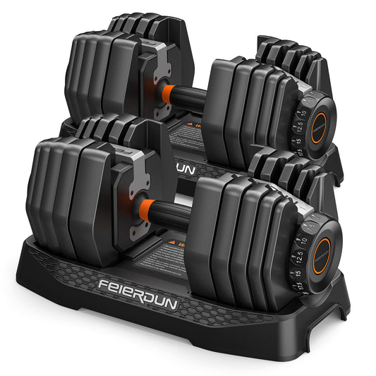 FEIERDUN Adjustable Dumbbell Set,5-52.5lb Free Weight Dumbbells, 15 in 1, Quick Adjust Weight Set with Non-slip Handles and Tray, Dumbbells for Home Gym Exercise Strength Training, Unisex（Pair）