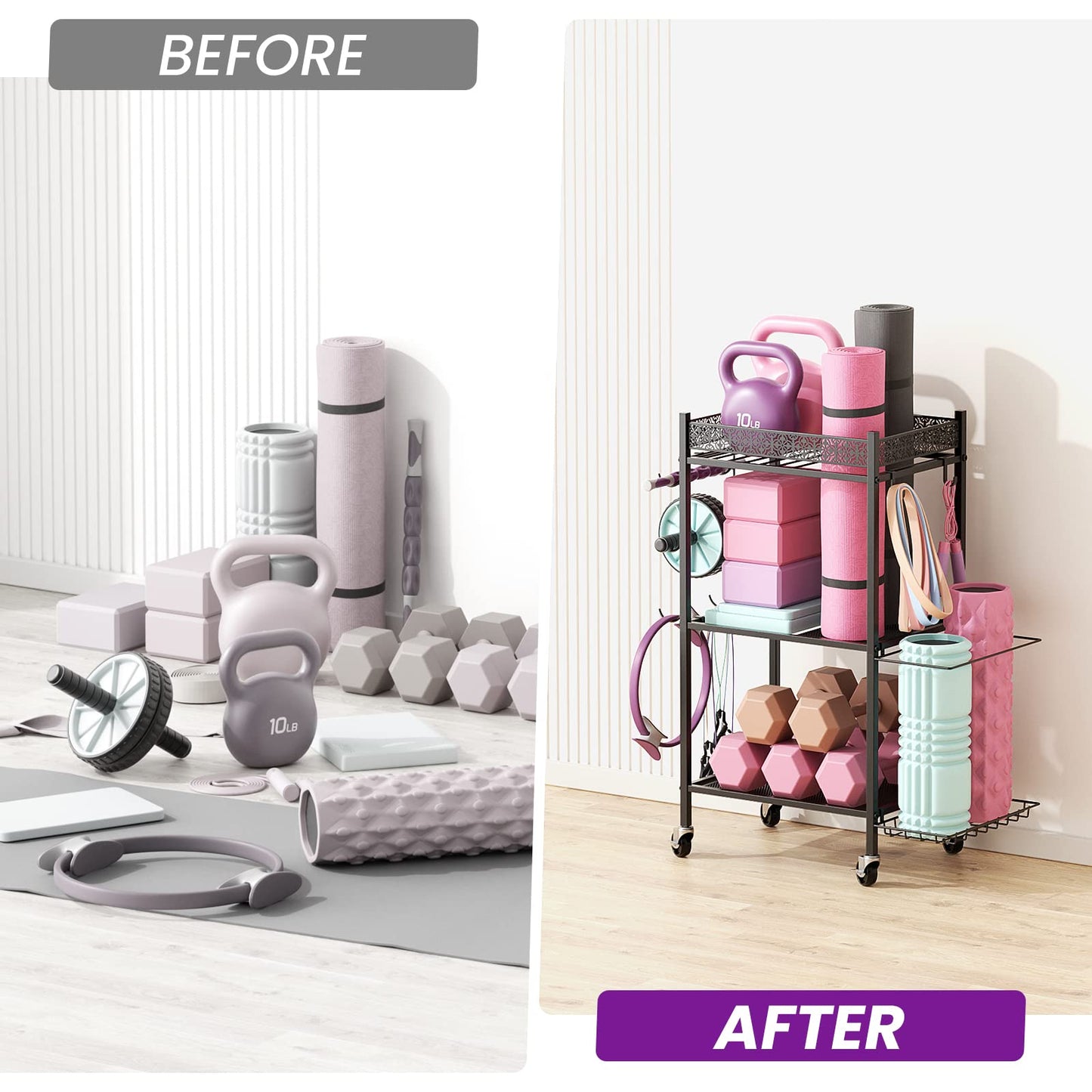 Yoga Mat Storage Rack, Home Gym Storage Rack Yoga Mat Holder, VOPEAK Workout Storage for Yoga Mat, Foam Roller, Gym Organizer Gym Equipment Storage for Home Exercise and Fitness Gear