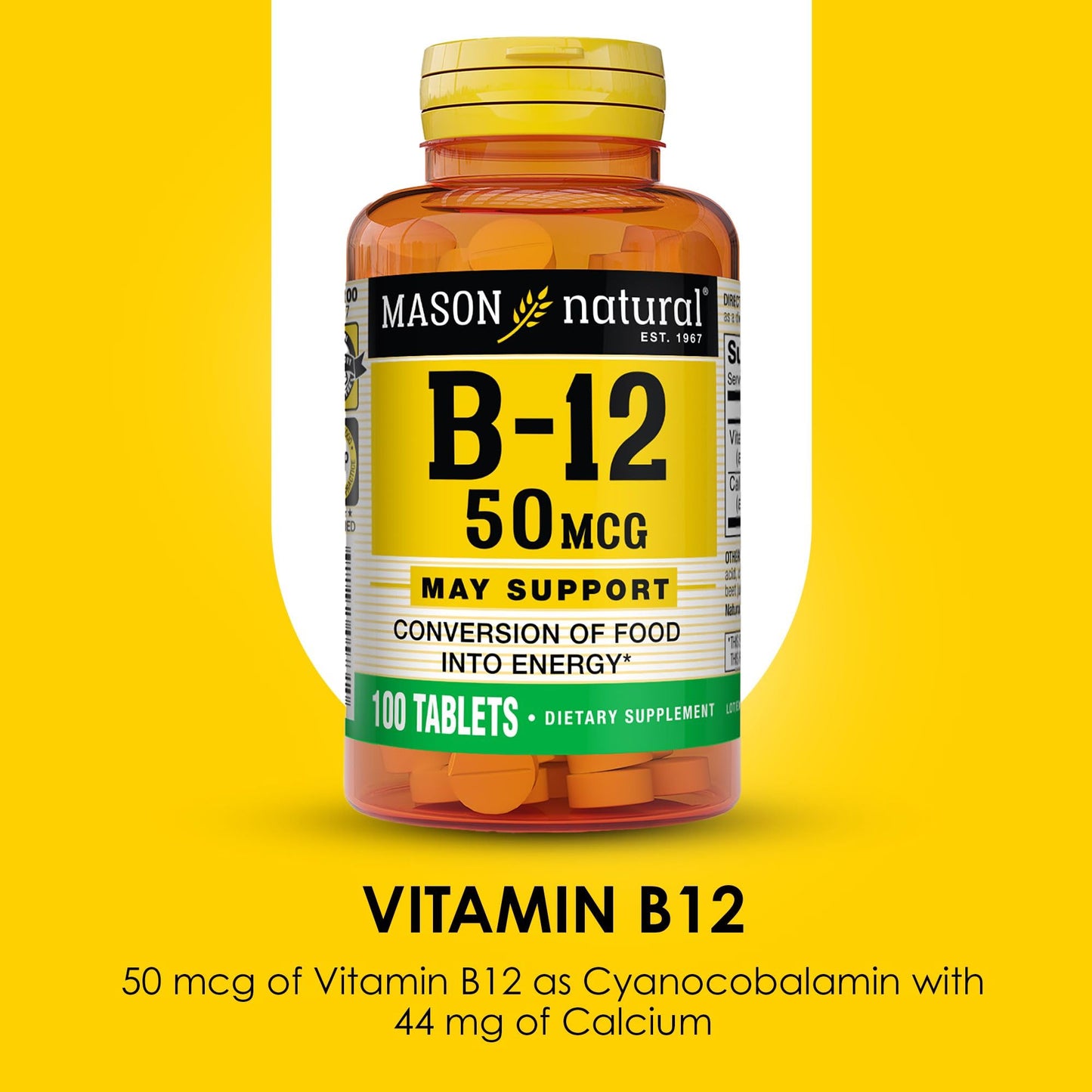 MASON NATURAL Vitamin B12 50 mcg with Calcium, 100-Day Supply, Dietary Supplement to Support Natural Energy Levels, 100 Tablets (Pack of 1)