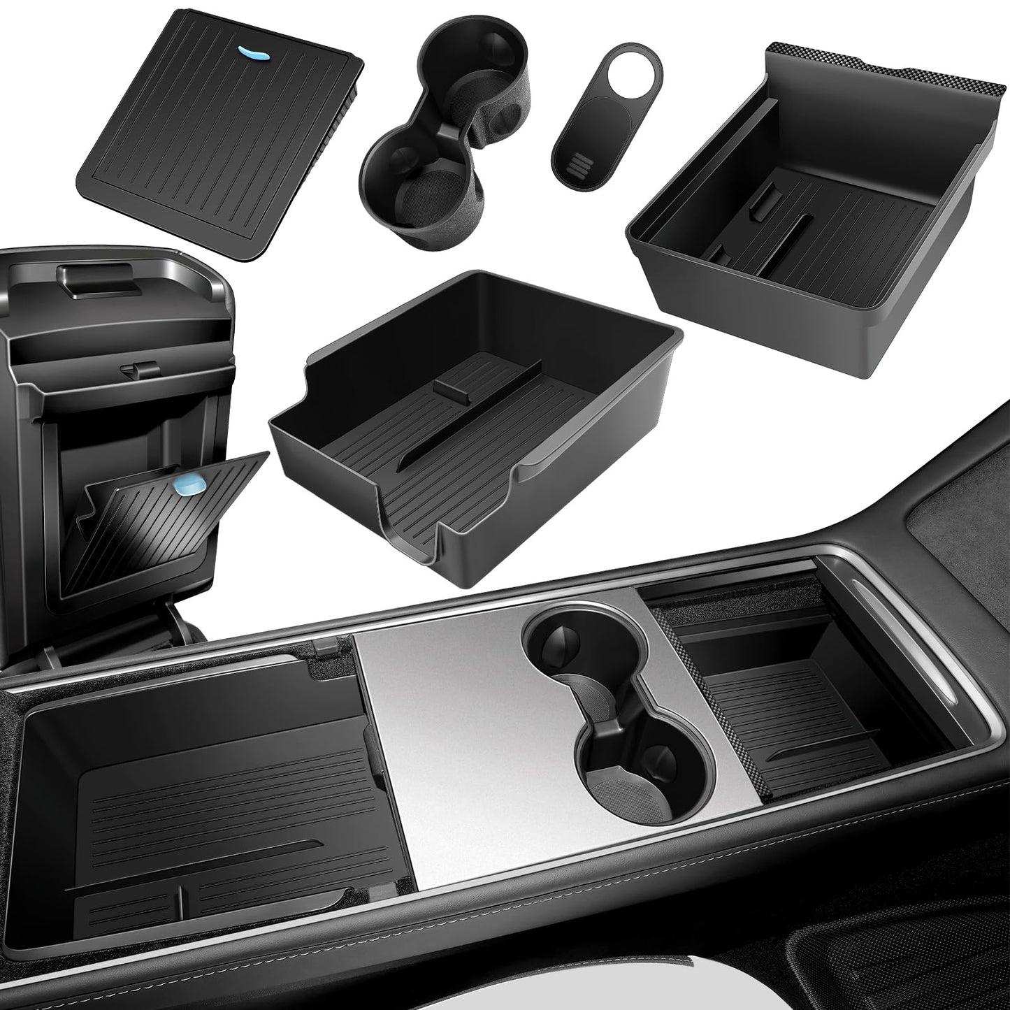 XINTUO 5Pcs Center Console Organizer Tray Compatible for Tesla Model Y Accessories 2024-2021 Armrest Hidden Drawer Storage Box Cup Holder (Not Compatible for Model 3 Highland & Model y Juniper)