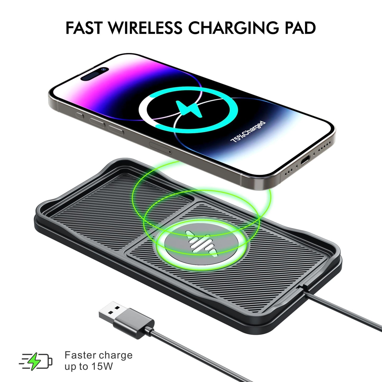 Wireless Car Charger, LANSEMKU Car Wireless Chargers Charging pad Non Slip 15w Fast Charger for Car Wireless Phone Charger for iPhone 16/15/14/13/12 Pro Max,Samsung S23 S22 S20 for Android, 30cm Cable