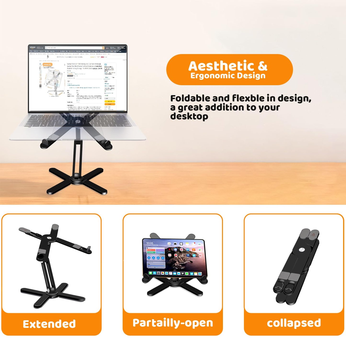 Moallia Laptop Stand with 360 Rotating Base, Computer Notebook Laptop Riser Metal Holder for Desk Collaborative Work, Fully Foldable for Easy Storage, Fits All MacBook, Laptops up to 16 inches, Black