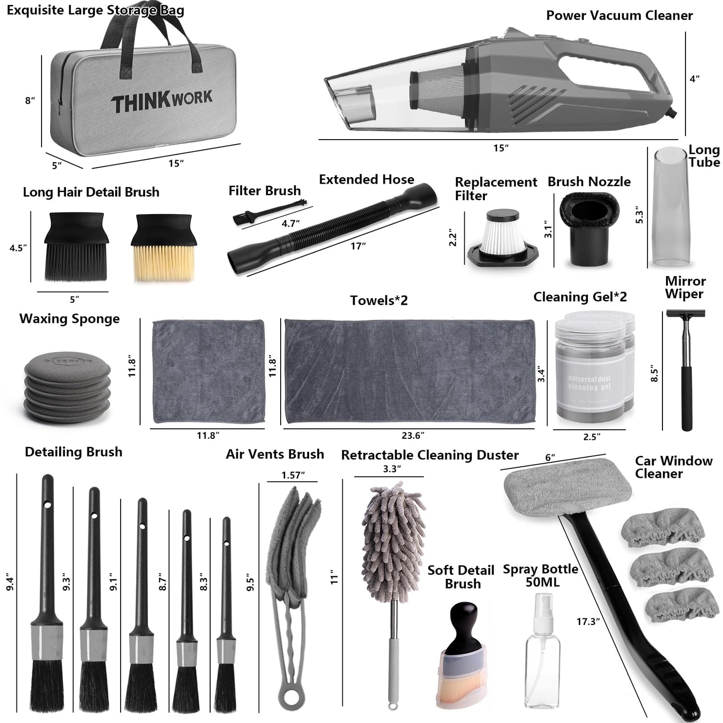 THINKWORK Car Cleaning Kit, Car Vacuum Kit, Car Detailing Kit Interior Cleaner - High Power Vacuum with 10Pcs Brush and Storage Bag, Gray Car Interior Cleaning Kit for Men and Women
