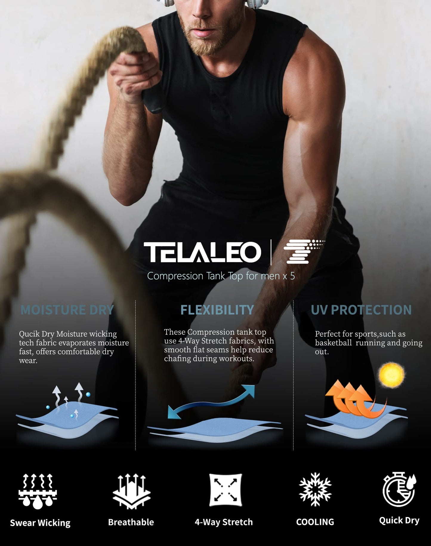 TELALEO 5 Pack Men's Athletic Compression Shirts Sleeveless Workout Tank Top Sports Base Layer Running Basketball White/Black XL/02